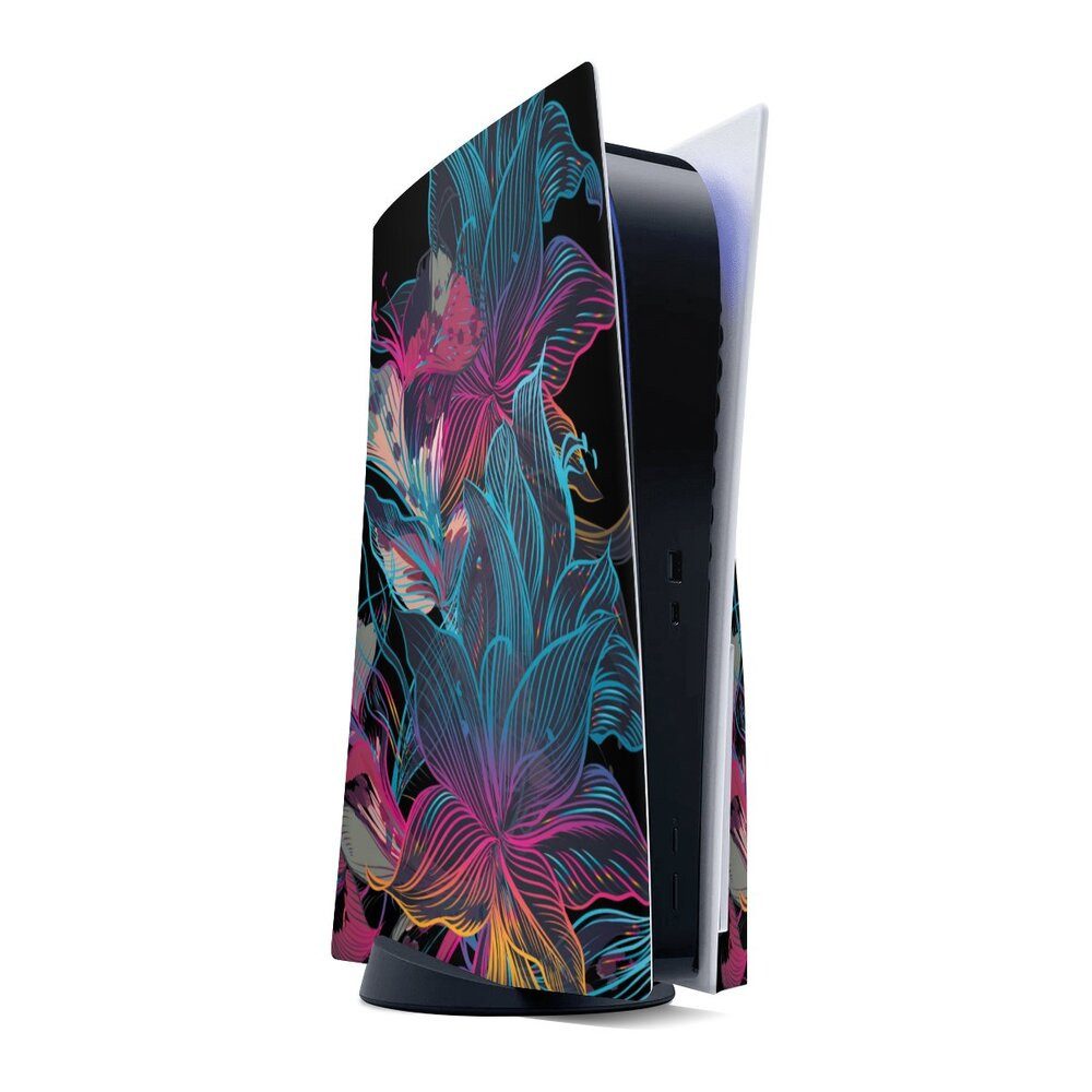 DeinDesign Konsolen-Cover Neon Blumen bunt Neon Flower Power, Sony Playstation 5 Disc Edition Skin Aufkleber Sticker Folie