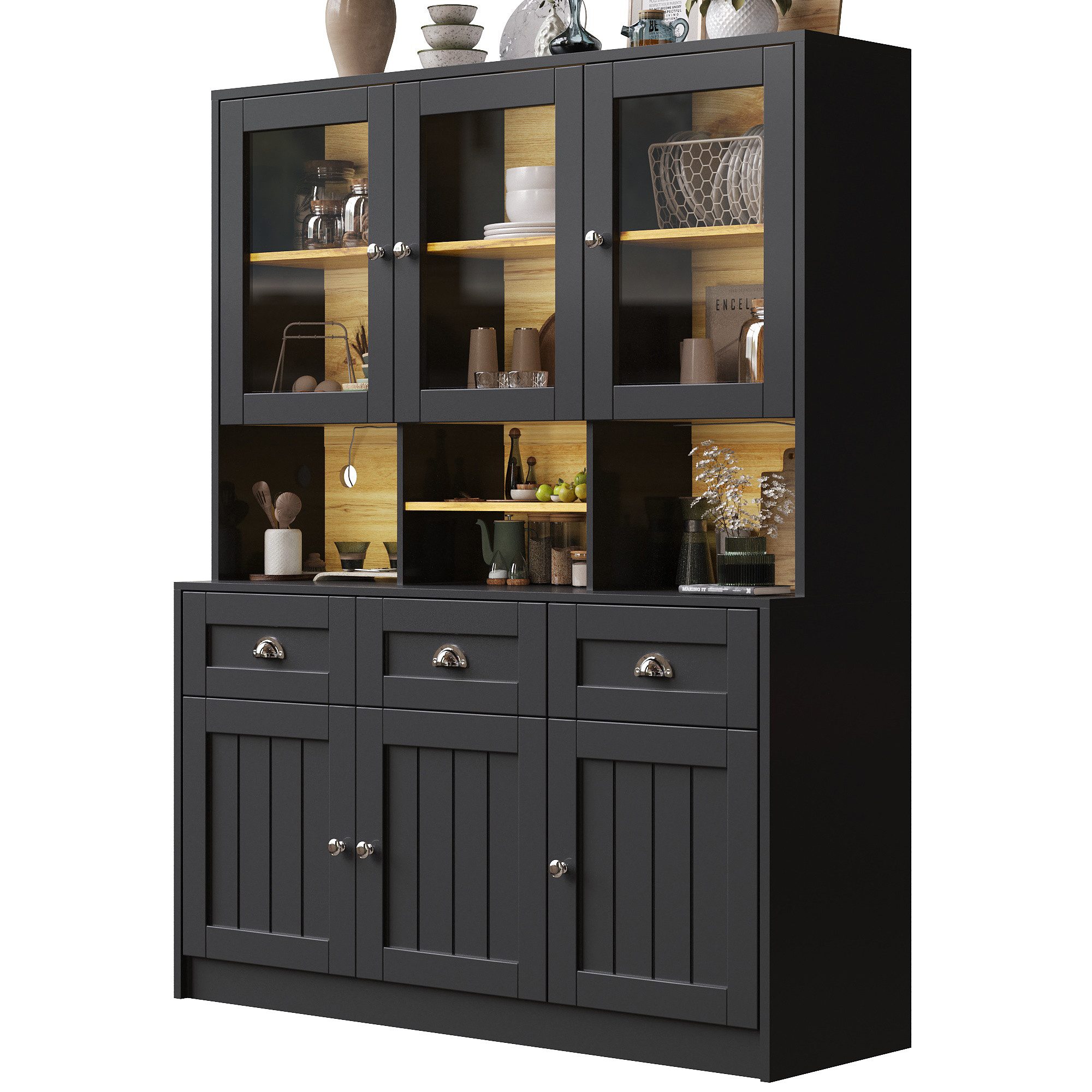 i@home Hochschrank Küchenschrank, Vitrinenschrank, schwarz/weiß, 140×40×175cm Mit Verstellbaren Ablagen und LED, Variable Lichtfarben per App