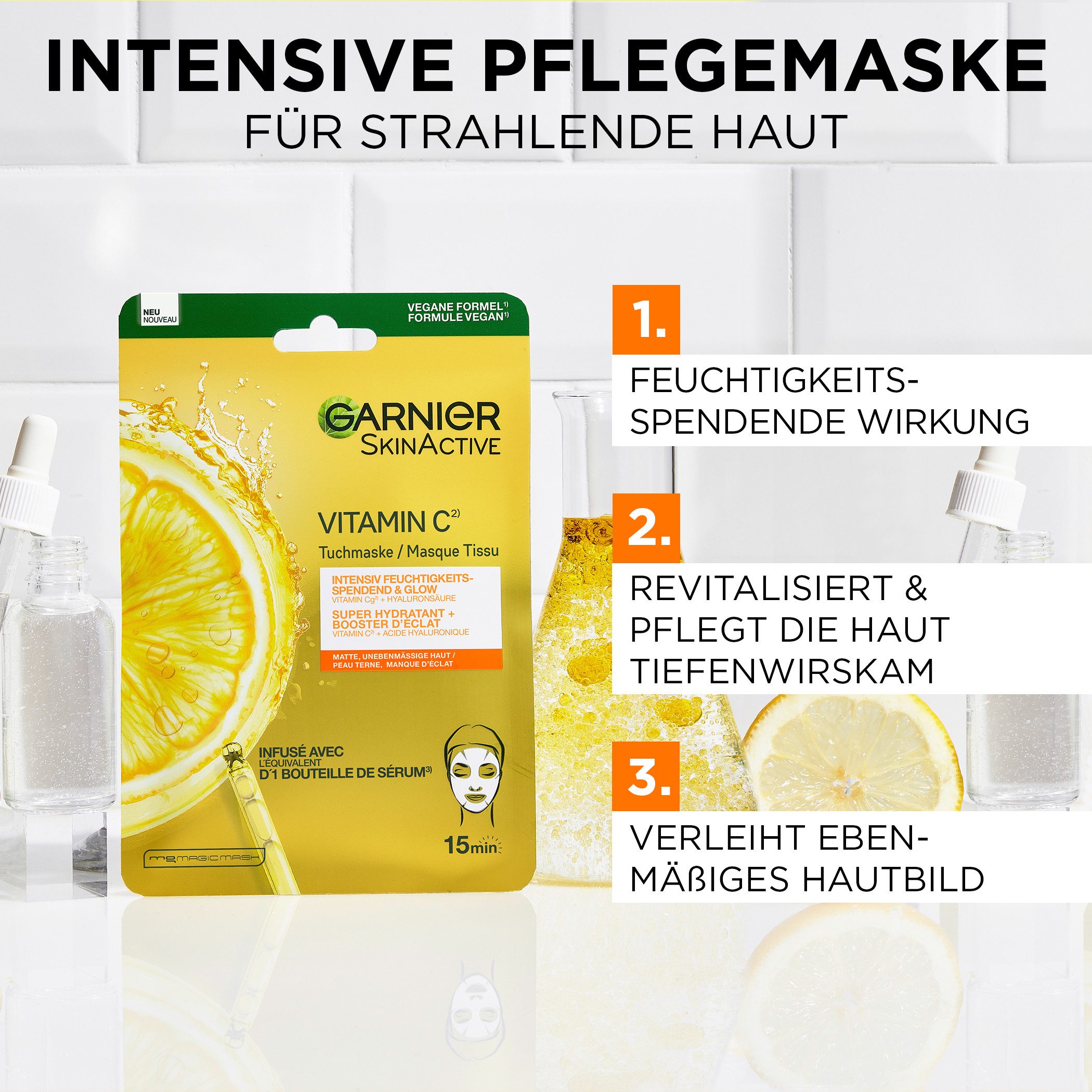 GARNIER Tuchmaske Vitamin C Tuchmaske, feuchtigkeitsspendend, sorgt für mehr Glow