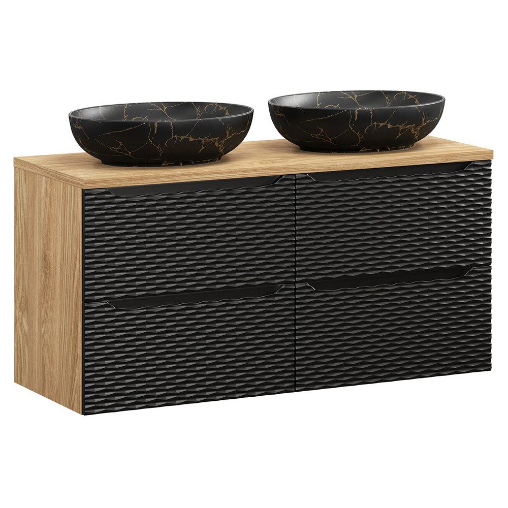 Lomadox Doppelwaschtisch OLUO-56-BLACK, 120cm mit Aufsatzwaschbecken, Eiche mit schwarz, 3D-Oberfläche