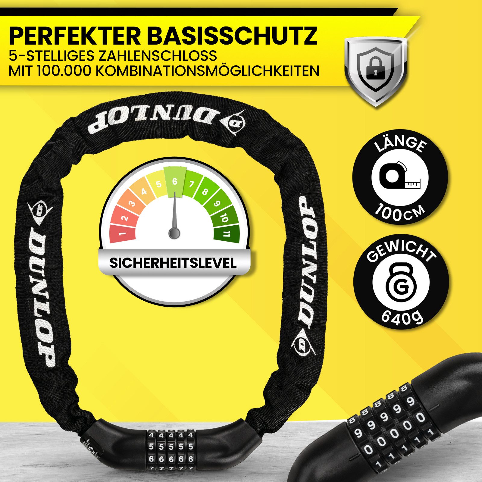 Dunlop Zahlenkettenschloss Fahrradschloss Zahlenschloss Zahlencode Kette Sicherheitslevel 6 (1-tlg), Schloss aus gehärtetem Stahl und ca. 6 cm langen Kettengliedern