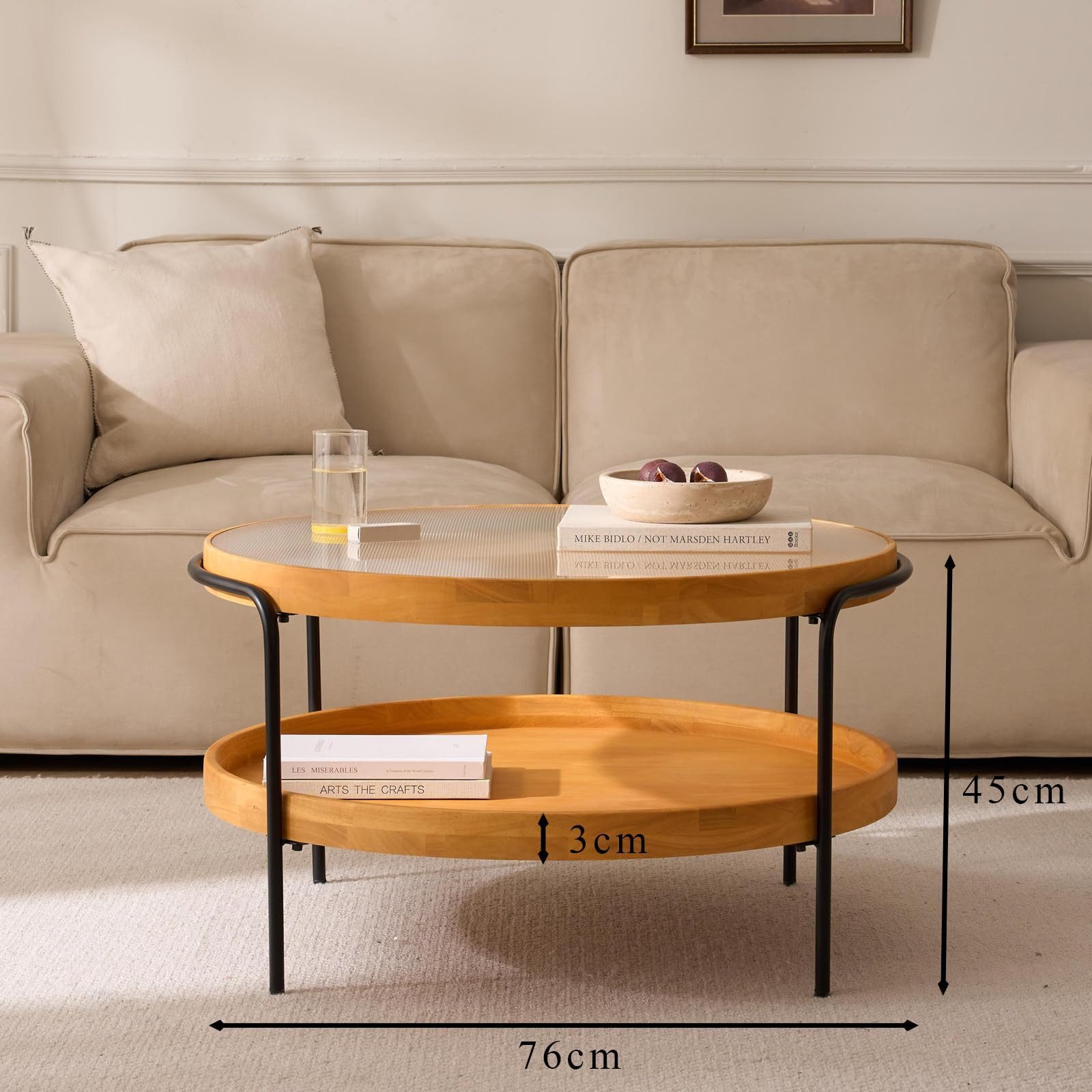 Cagnolier Couchtisch Rund 2-Tier Wohnzimmertisch mit Stauraum (1-St), Runder Tisch aus Holz mit Glas & Metallgestell, Ø76x45cm