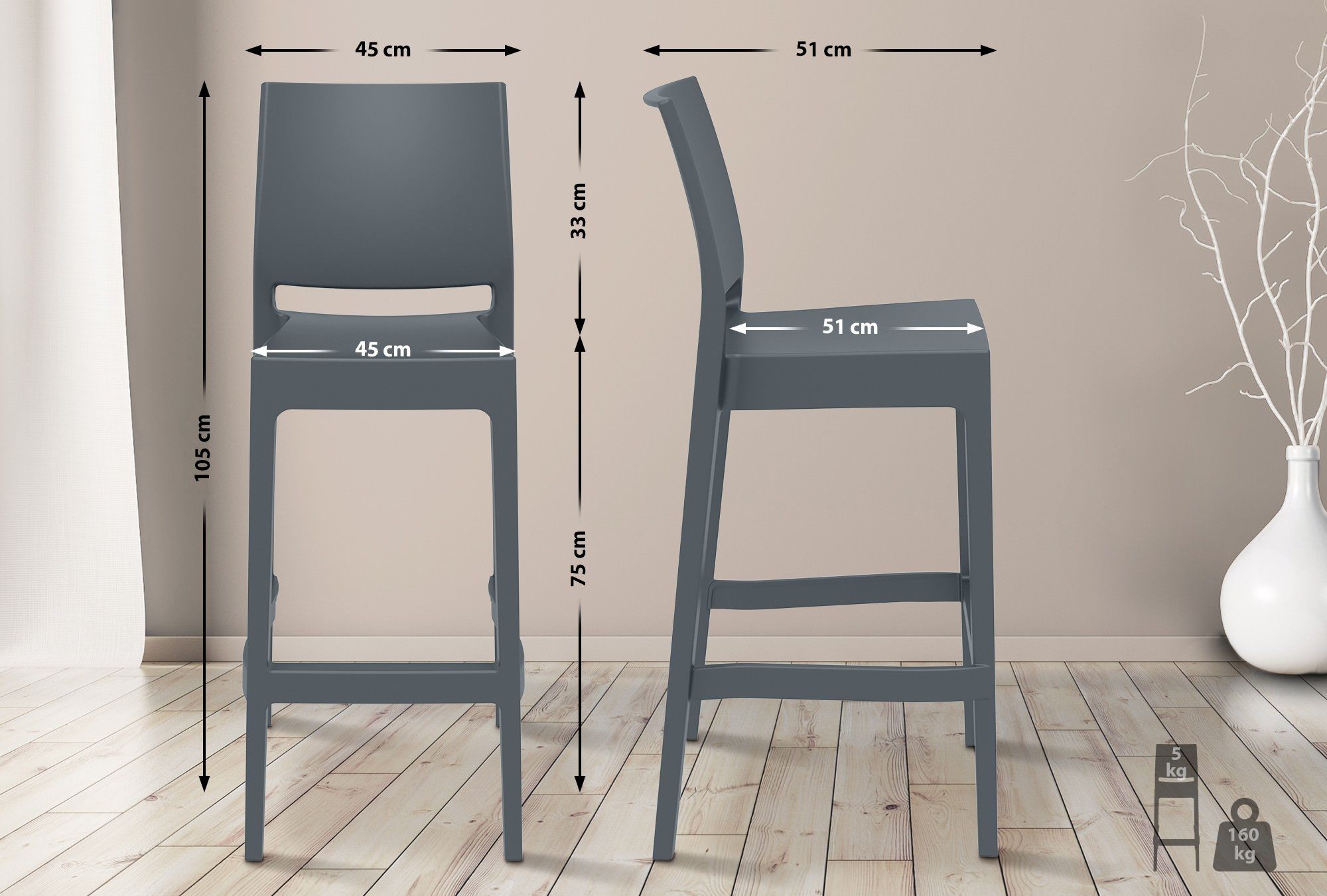 CLP Barhocker Maya (1er, 1 St., 1er), Outdoor, aus hochwertigem Kunststoff, stapelbar