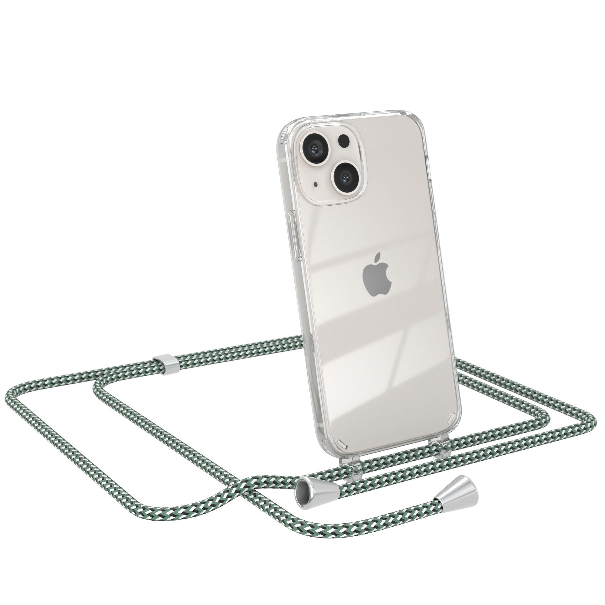 EAZY CASE Handykette Hülle mit Kette für Apple iPhone 13 Mini 5,4 Zoll, Kettenhülle zum Umhängen Tasche Cross Bag Handykordel Cover Grün Weiß