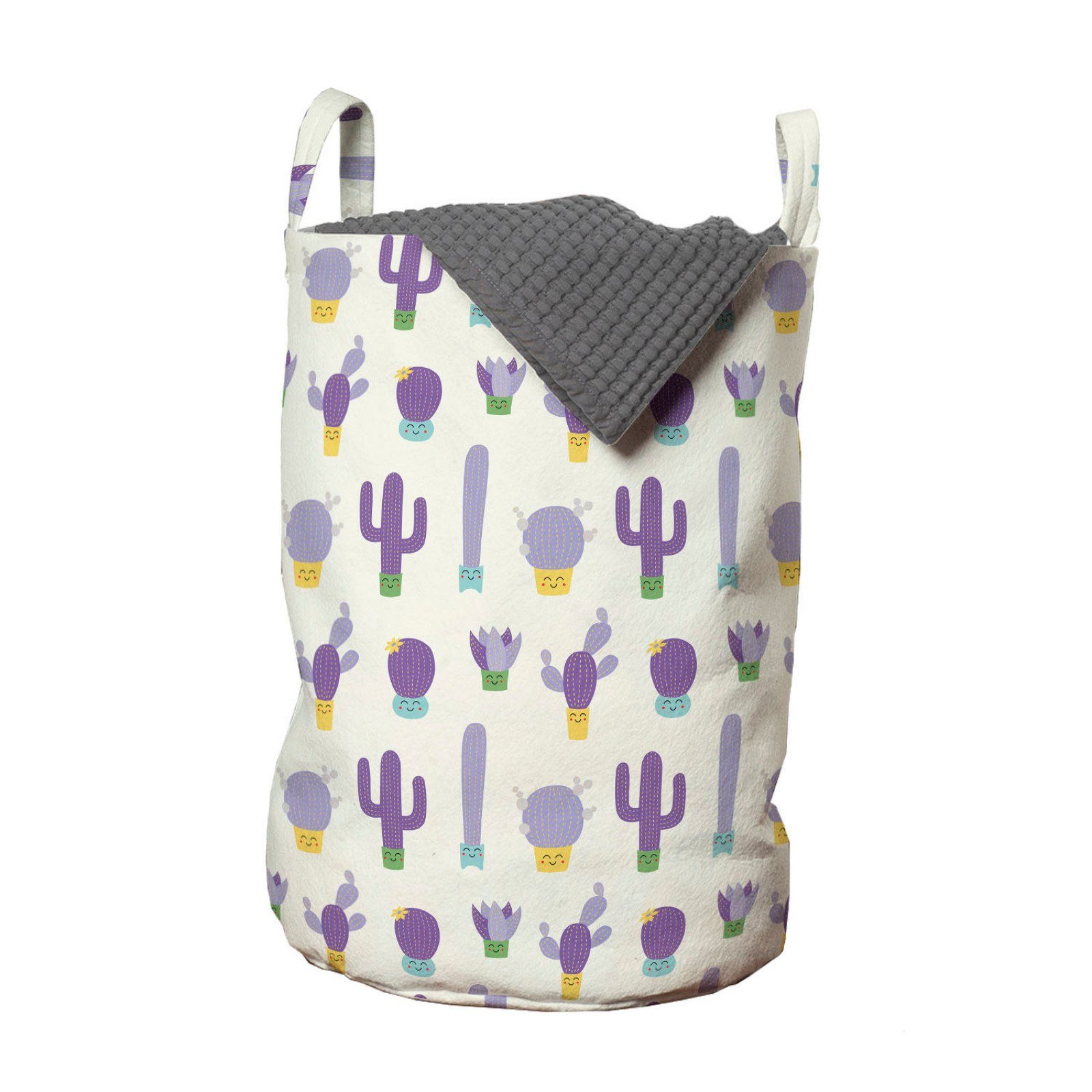 Abakuhaus Wäschesäckchen Wäschekorb mit Griffen Kordelzugverschluss für Waschsalons, Karikatur Lila Lächeln Cactus Gesichter