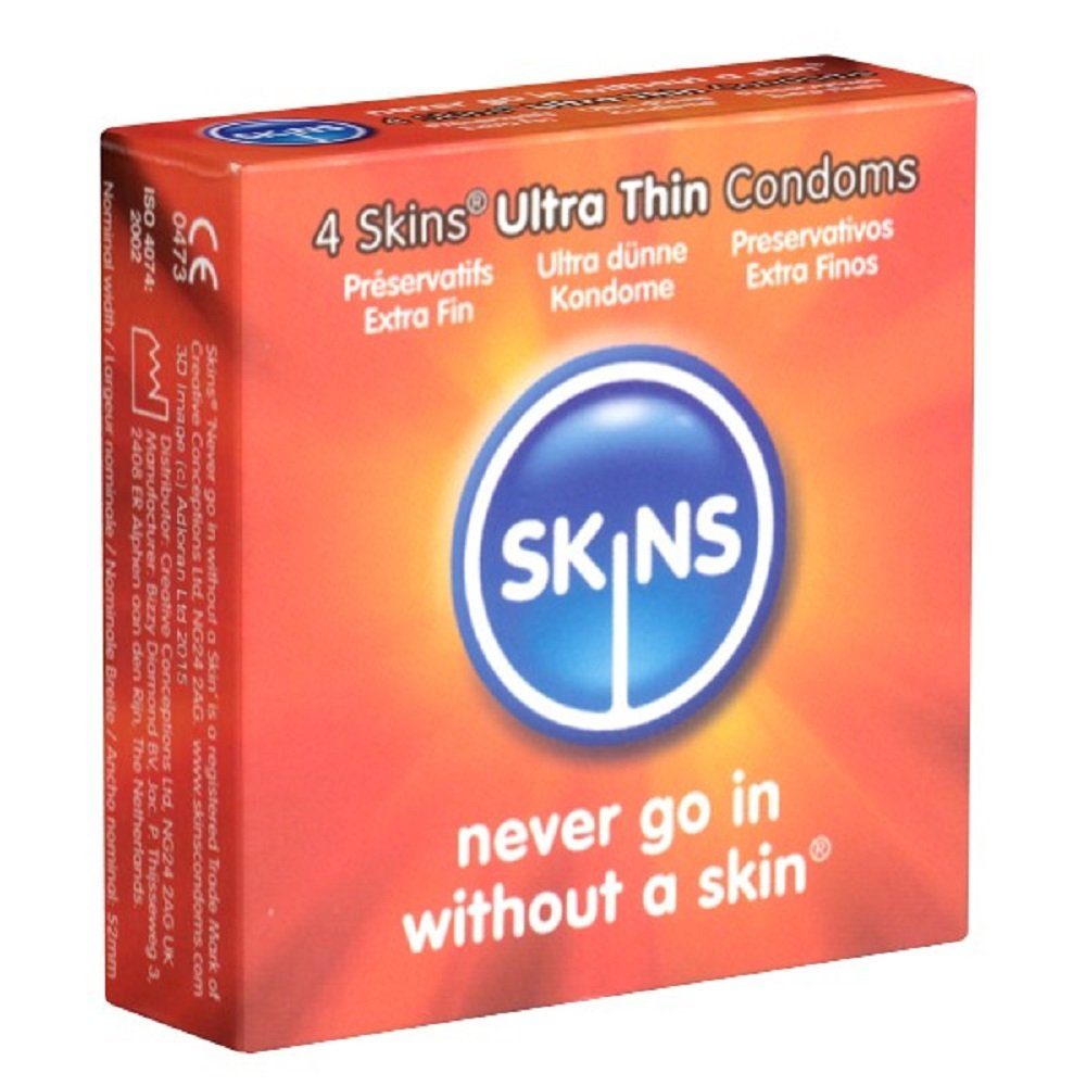 SKINS Condoms Kondome Ultra Thin, samtweiche Oberfläche, fühlt sich an wie "echt", Packung mit, 4 St., ultra dünne Kondome, durchsichtiges Latex (kristallklar), kein Latexgeruch