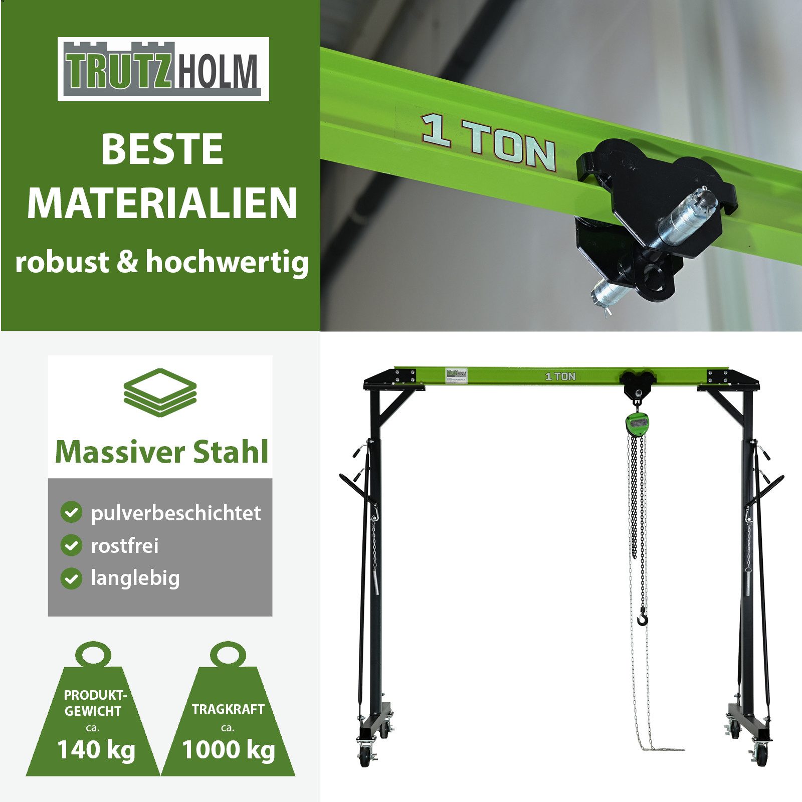 TRUTZHOLM Werkstattkran Portalkran mit Laufkatze Tragkraft 1 t Stahl Hubhöhe 2400 - 3600 mm, Höhenverstellbar