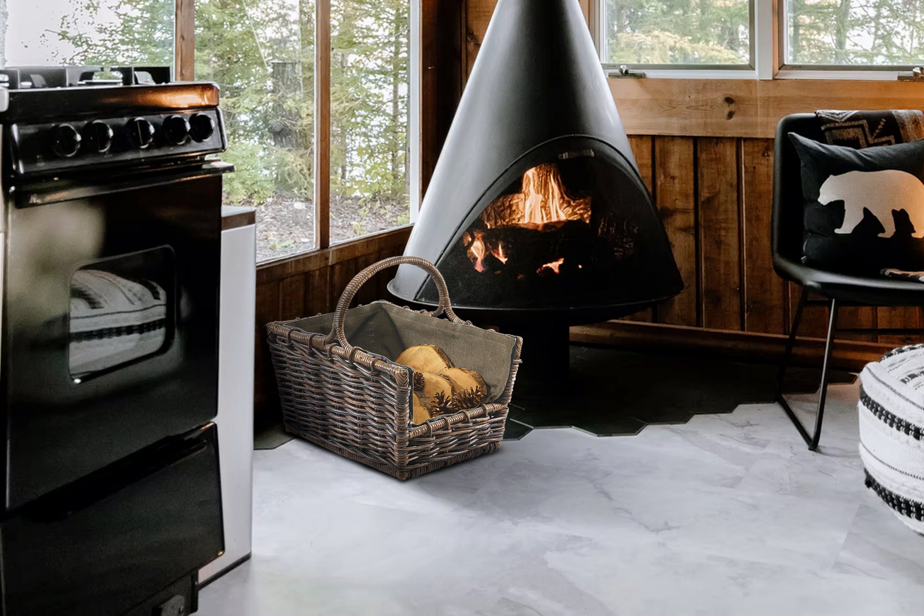 Kobolo Kaminholzkorb Holztrage Krabu Rattan - abnehmbarem dunklen Stoff günstig online kaufen