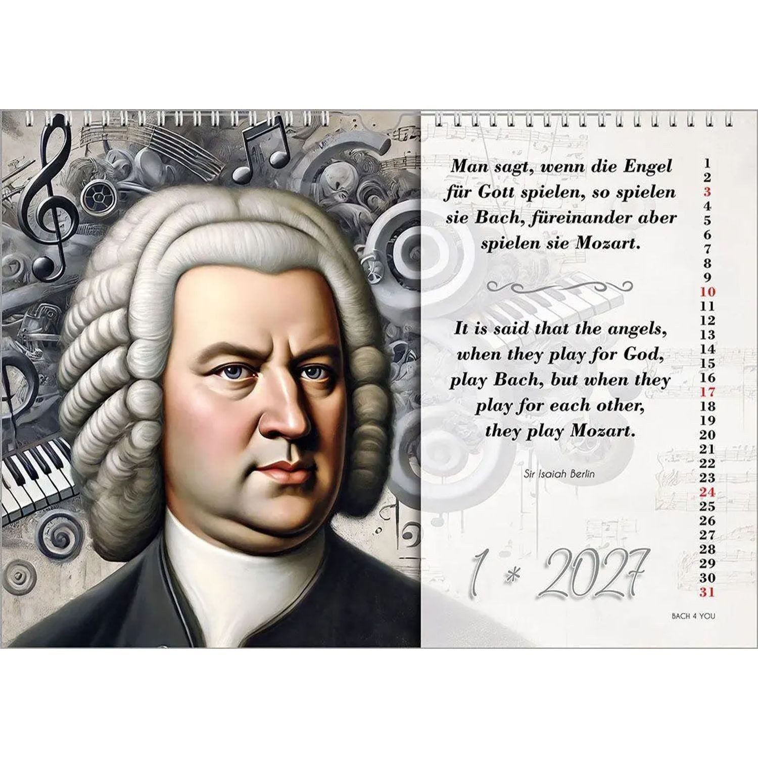 Bach Kunstkalender Johann-Sebastian-Bach-Zitate-Kalender, ein Musik-Kalender 2027, DIN A4