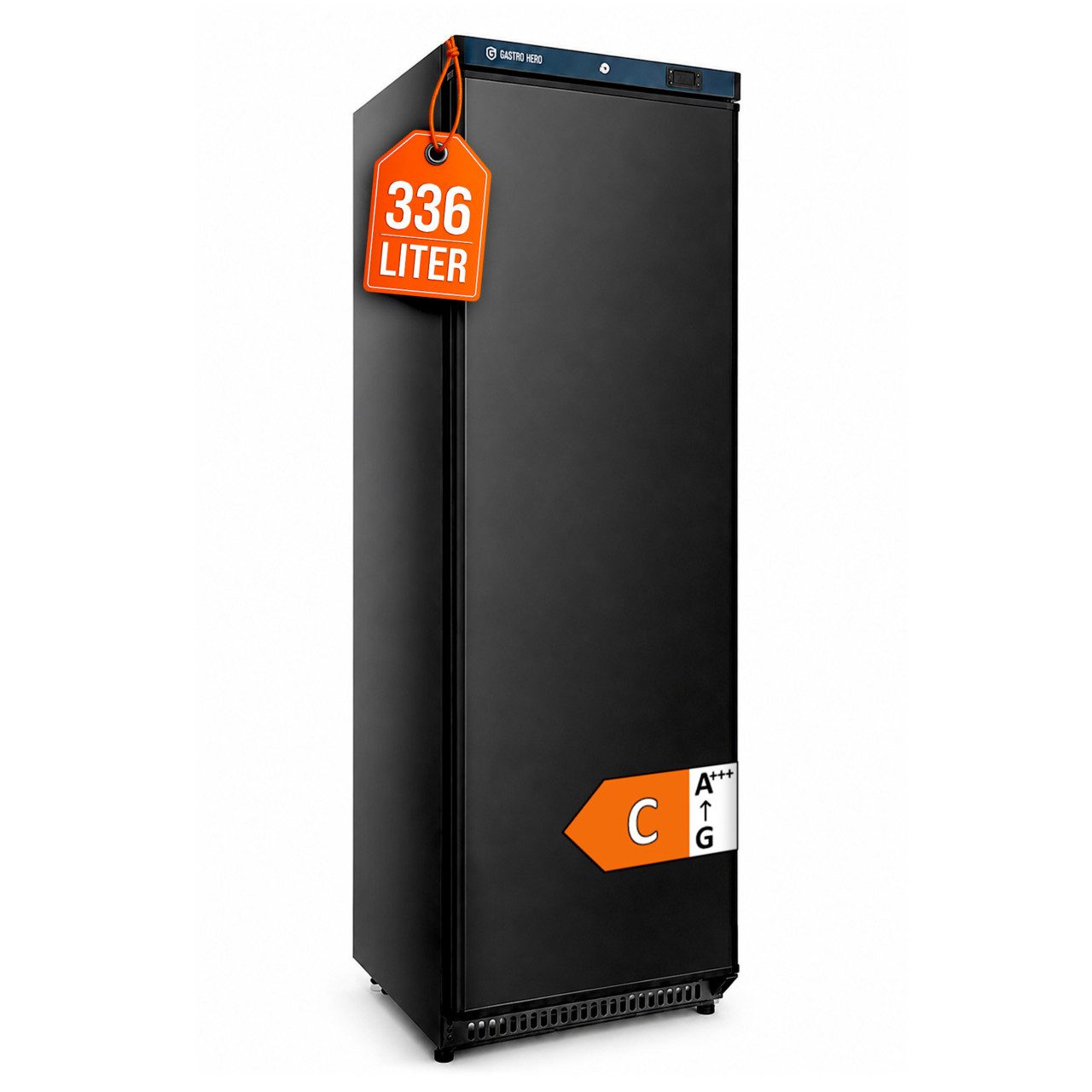 GastroHero Vollraumkühlschrank Lagerkühlschrank ECO 400 Schwarz 336 Liter Umluftkühlung LKSE400B, 187.5 cm hoch, 60 cm breit, schwarzes Gehäuse für moderne Profiküchen und Lagerbereiche