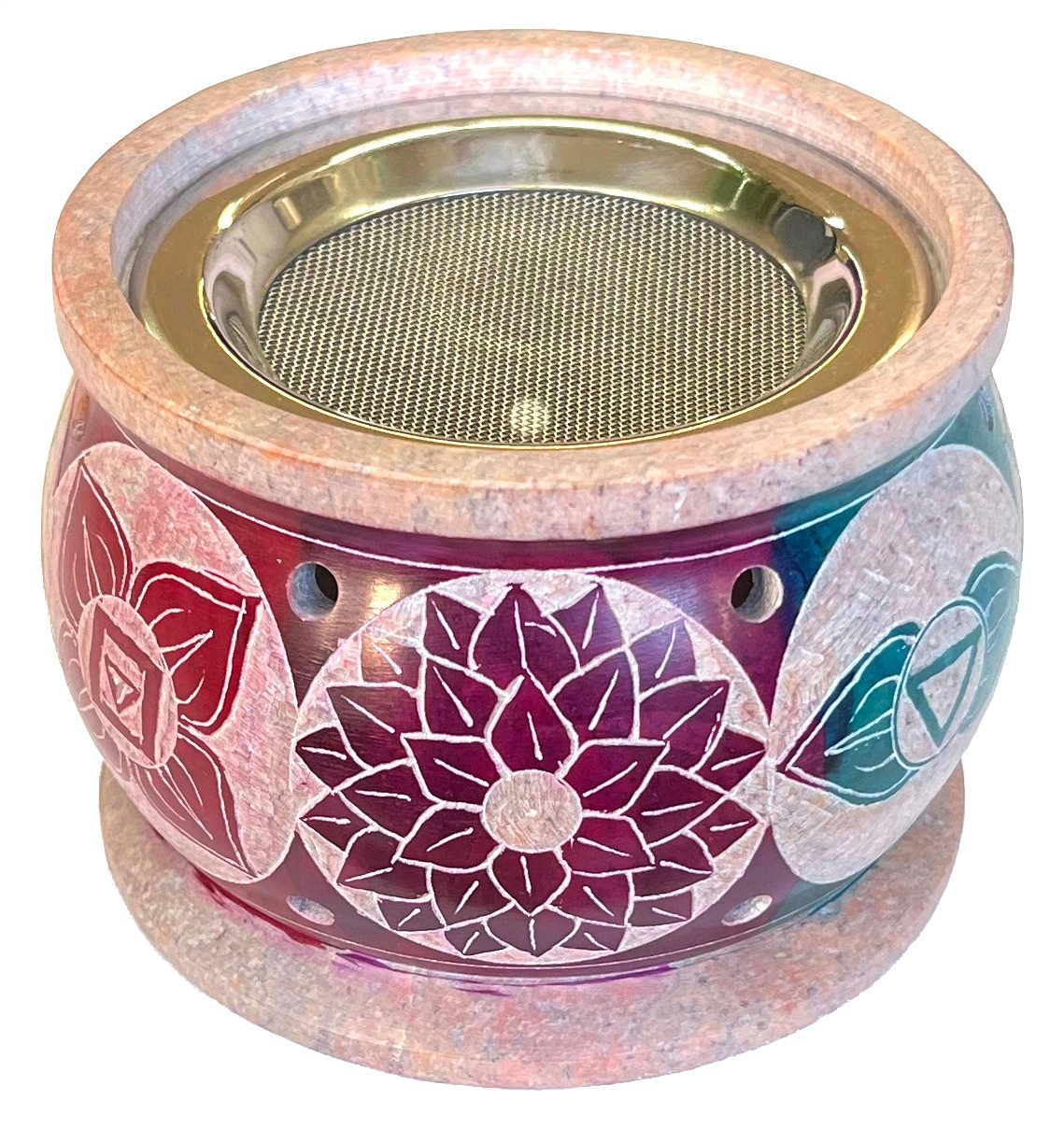 Saraswati Räucherstäbchen-Halter Räuchergefäß "7 Chakren" Speckstein graviert mit Edelstahlsieb, bunt Ø