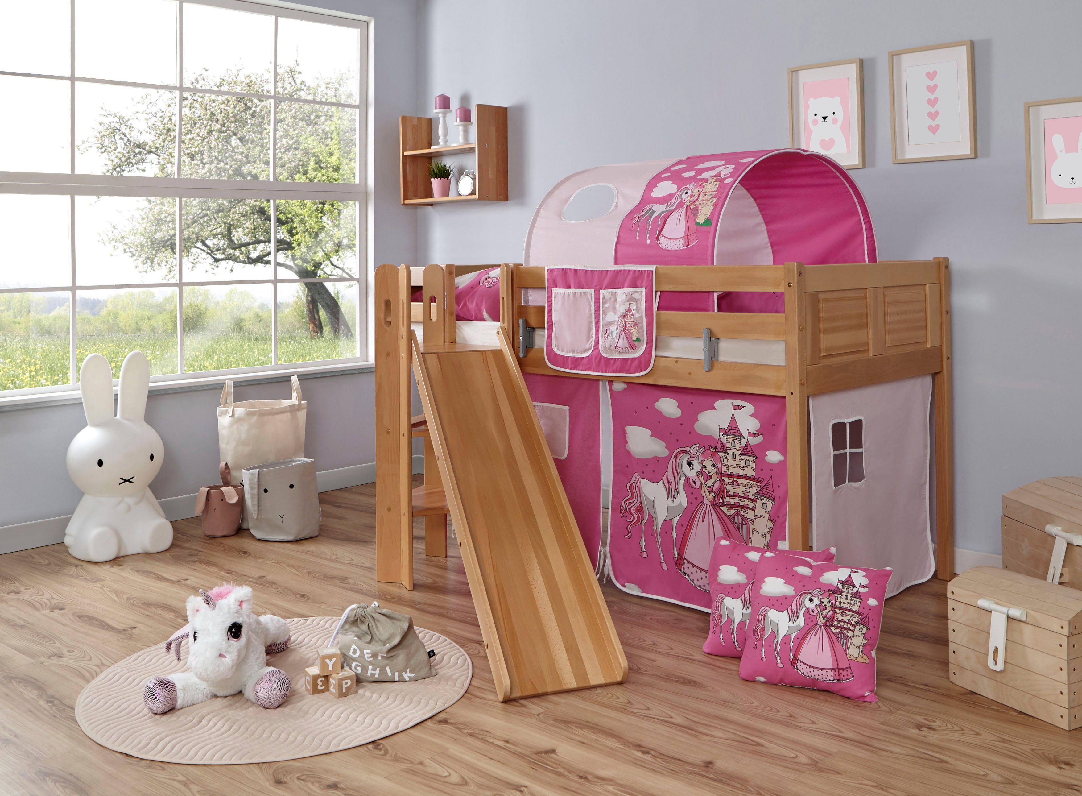 Ticaa Hochbett Ekki mit Rollrost und Textil-Set wahlweise mit Matratze, Buche