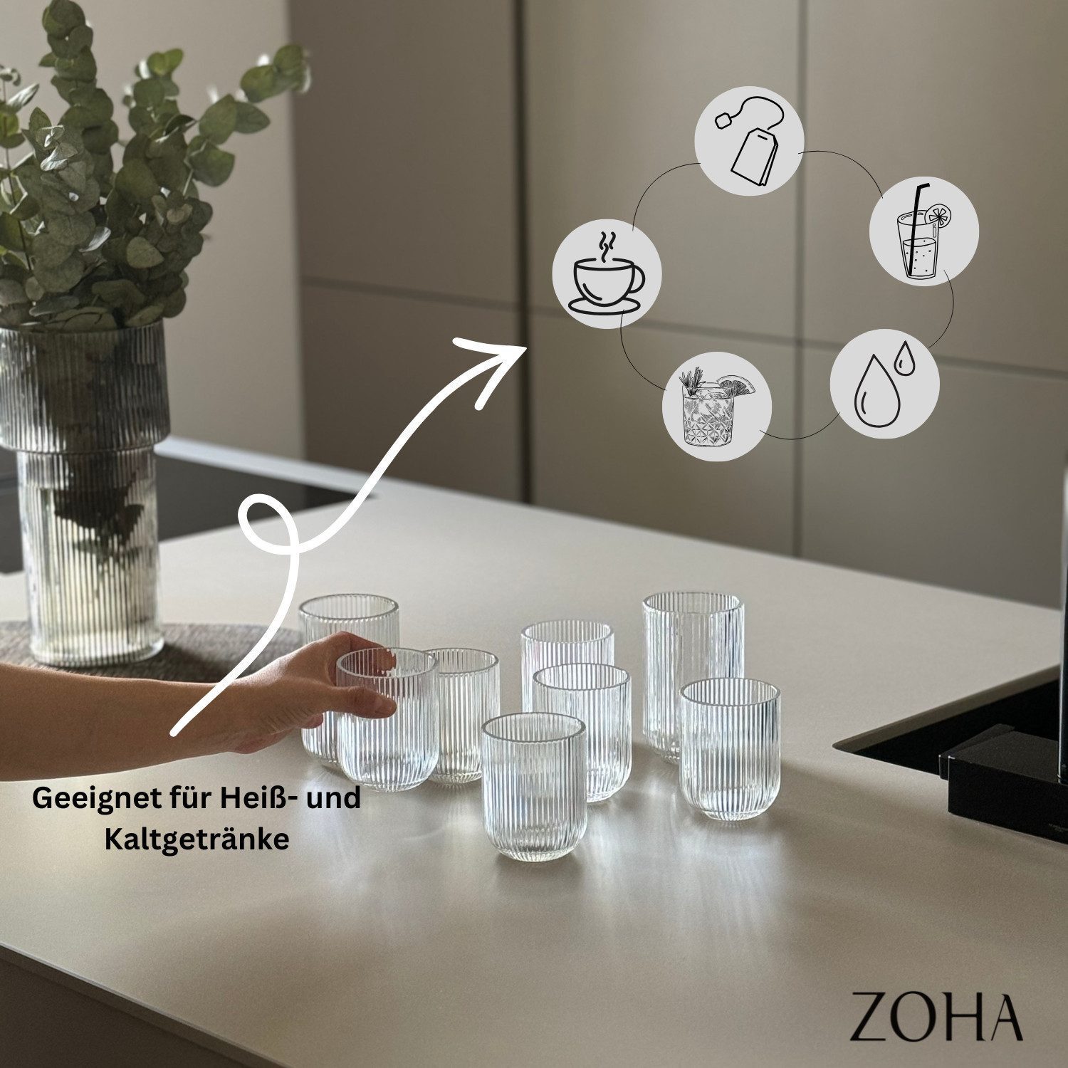 Zoha Glas Diamond Clear Glas Trinkgläser Cocktailgläser, 8-tlg., Glas, Hitzebeständig Eiskaffeegläser Tee Wasser Saft Kaffee – Bild 4 von 4