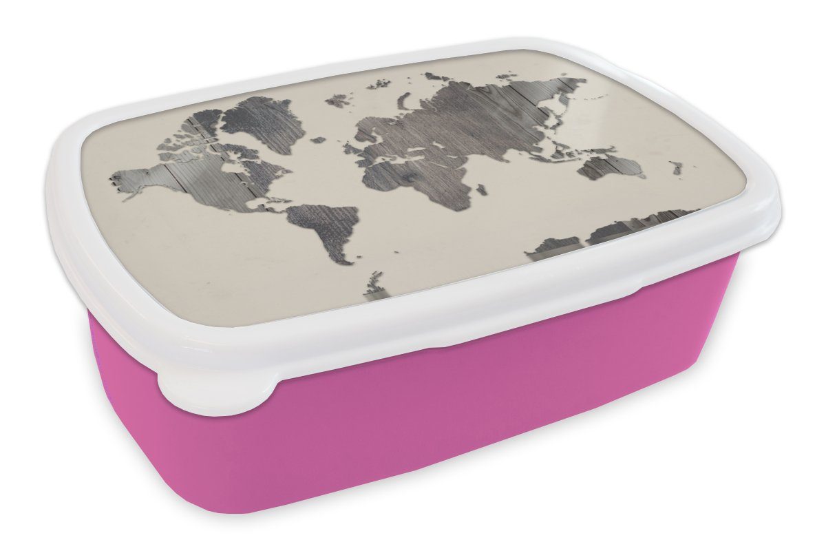 MuchoWow Lunchbox Weltkarte - Holz - Grau, Kunststoff, (2-tlg), Brotbox für Erwachsene, Brotdose Kinder, Snackbox, Mädchen, Kunststoff rosa