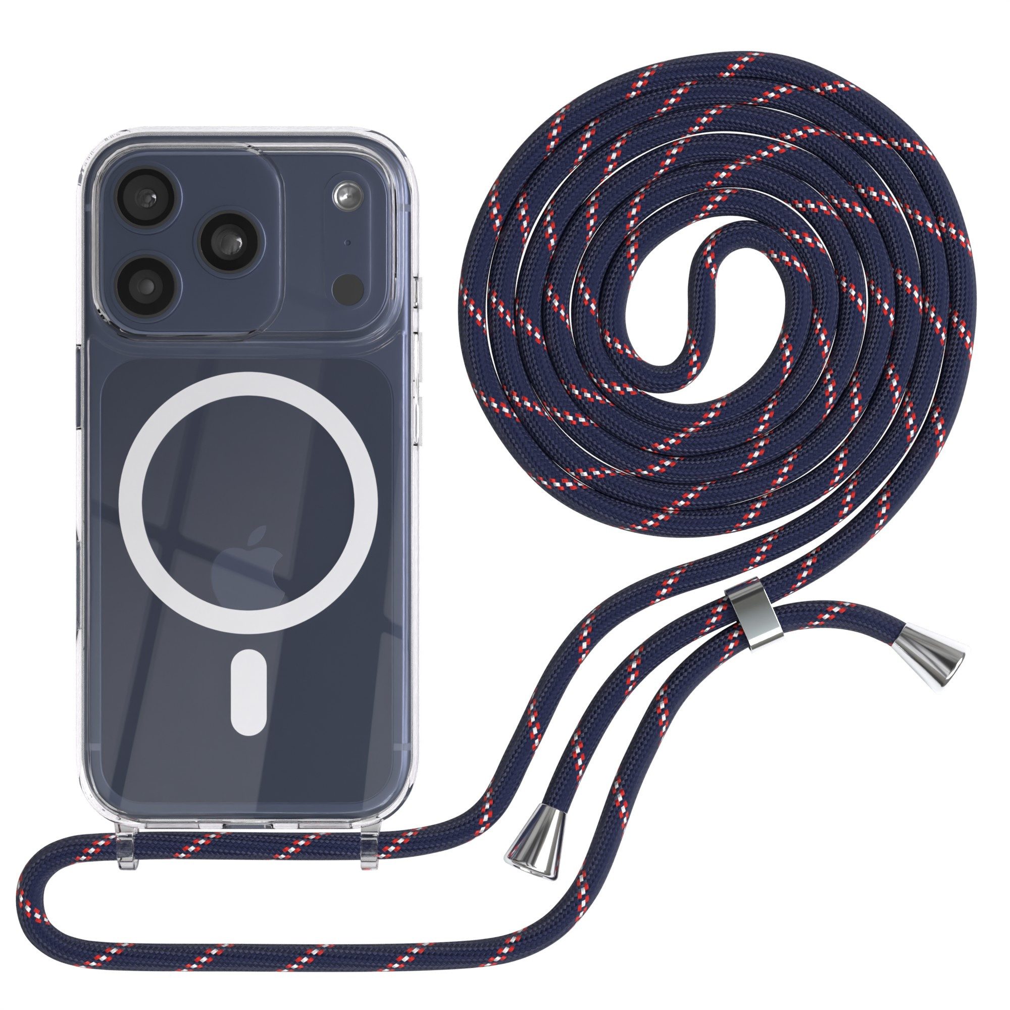 EAZY CASE Handykette mit Magsafe Hülle für Apple iPhone 17 Pro 6,3 Zoll, Slimcover Handykette Hülle mit Schnur Handykordel Navy Blau Camouflage