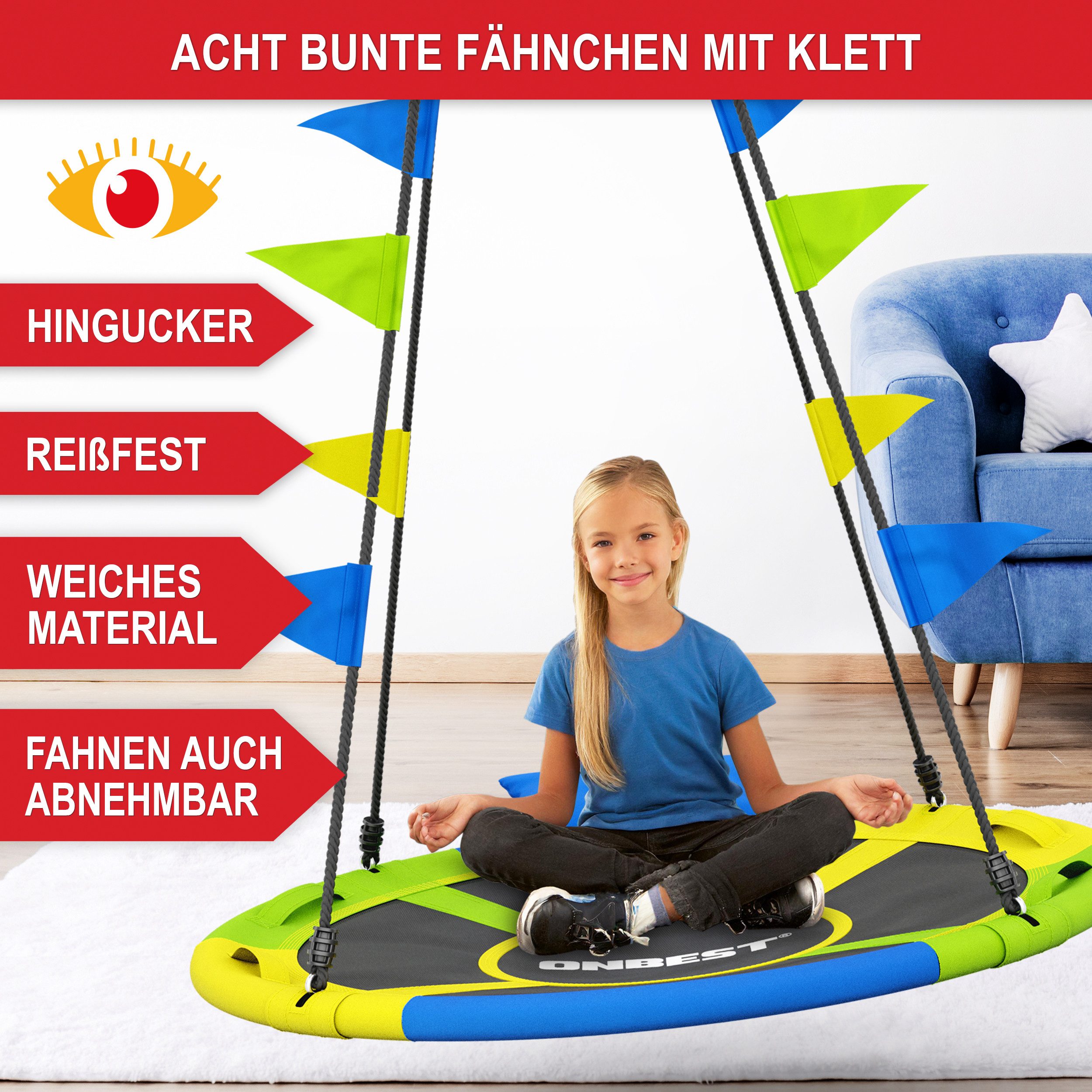 Onbest Nestschaukel 120 cm Durchmesser mit Kissen Fahnen 250 kg, 600D Oxfor günstig online kaufen