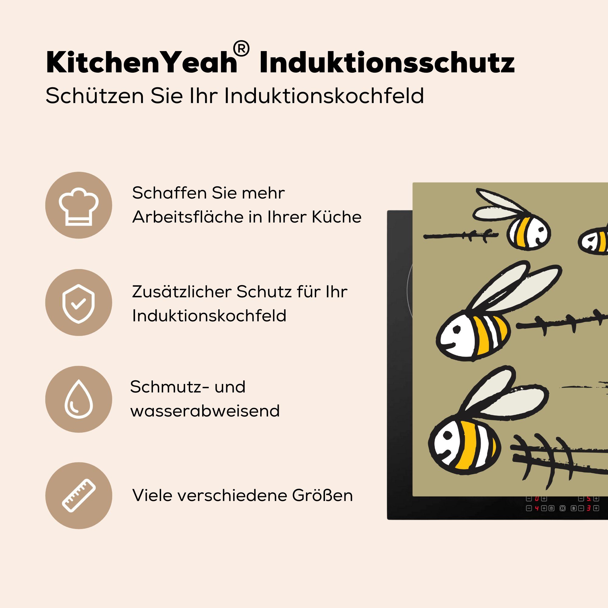 fünf (1 Vinyl, einem tlg), vor Eine Arbeitsplatte MuchoWow Hintergrund, von Bienen Herdblende-/Abdeckplatte Illustration beigen cm, küche 78x78 für Ceranfeldabdeckung,