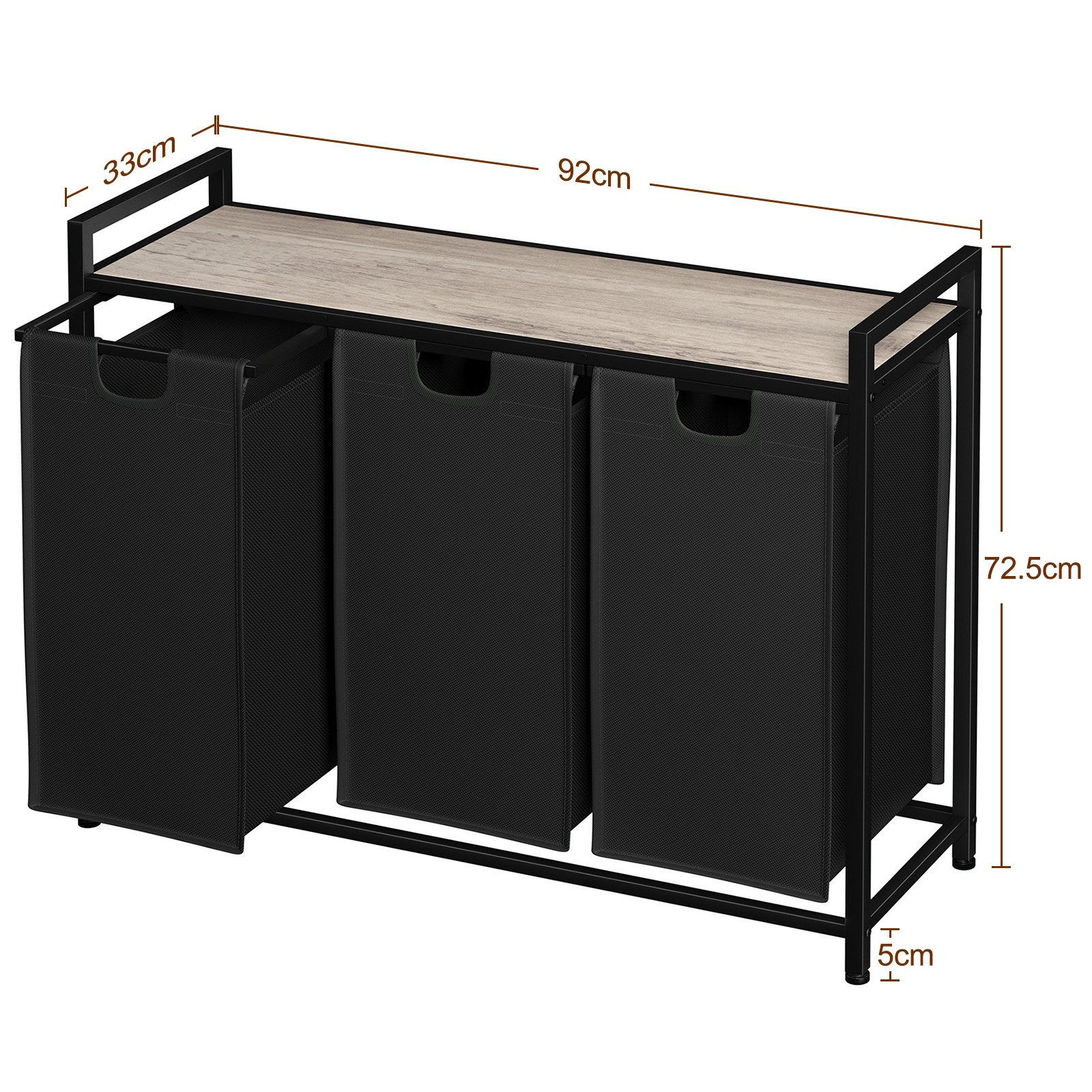 AMHANCIBLE Wäschekorb mit 3 Fächern & oberem Regal, Ausziehbar 3 x 38 Liter (1 St), Maße 92×30×72 cm – Bild 2 von 5