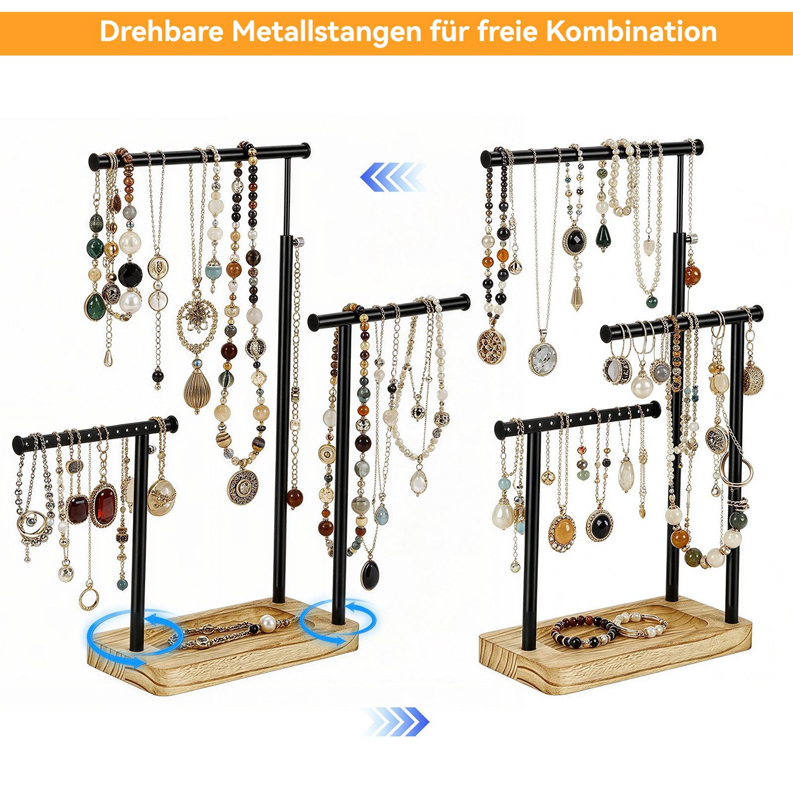 BlingBin Schmuckständer Holz Schmuckhalter Kettenhalter 3 Stäbe Drehbar (1er Set, 1 St., Ausziehbarer Halskettenhalter aus Metall mit Holzsockel), für Ohrringe, – Bild 5 von 5