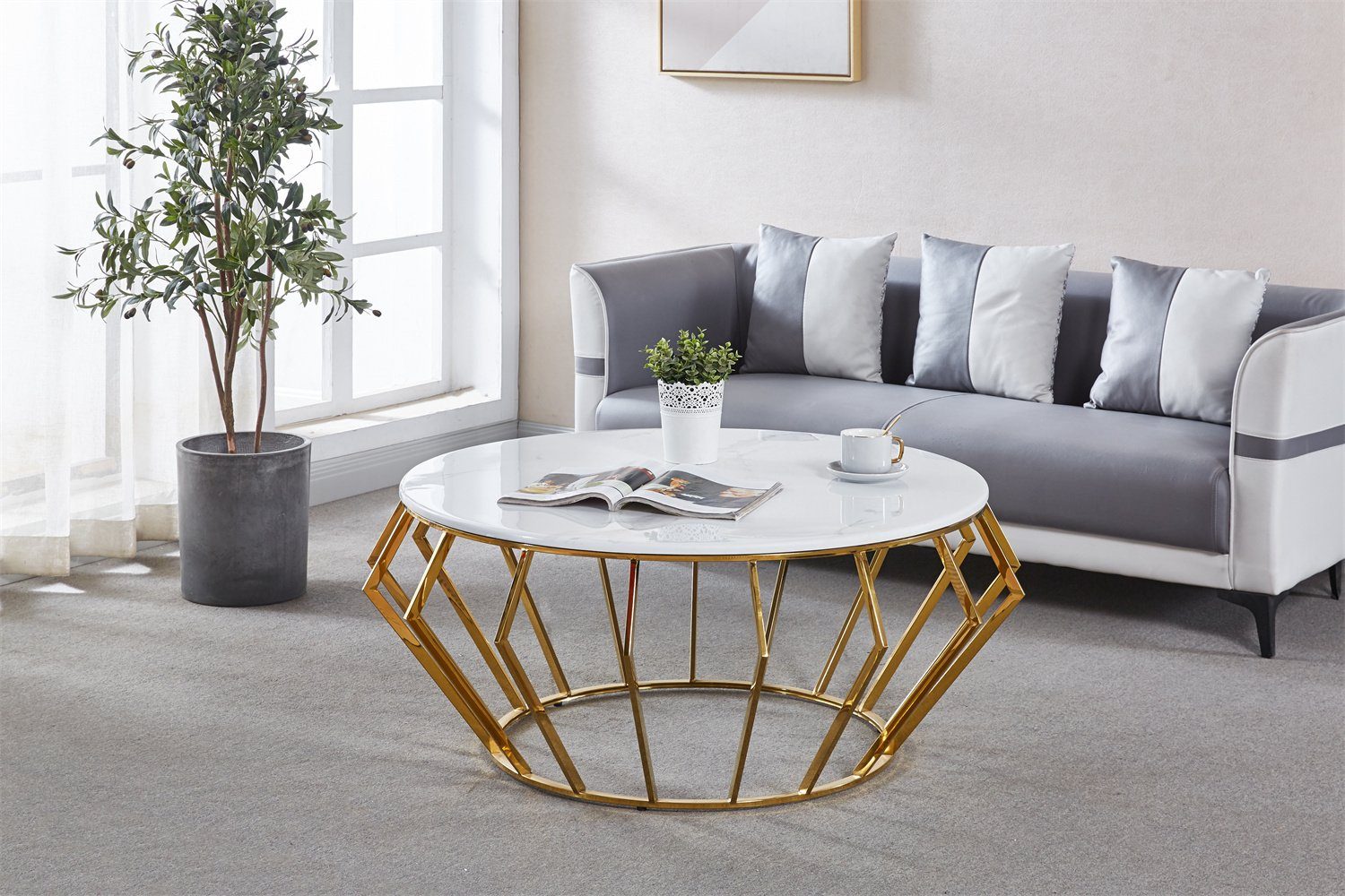 Runder m. (Tischplatte Gitter Sofa Marmor), aus Couchtisch Metallgestell Beistelltisch Tisch Weiß Gold Hochwertigen Möbel König Echt Marmoroptik der