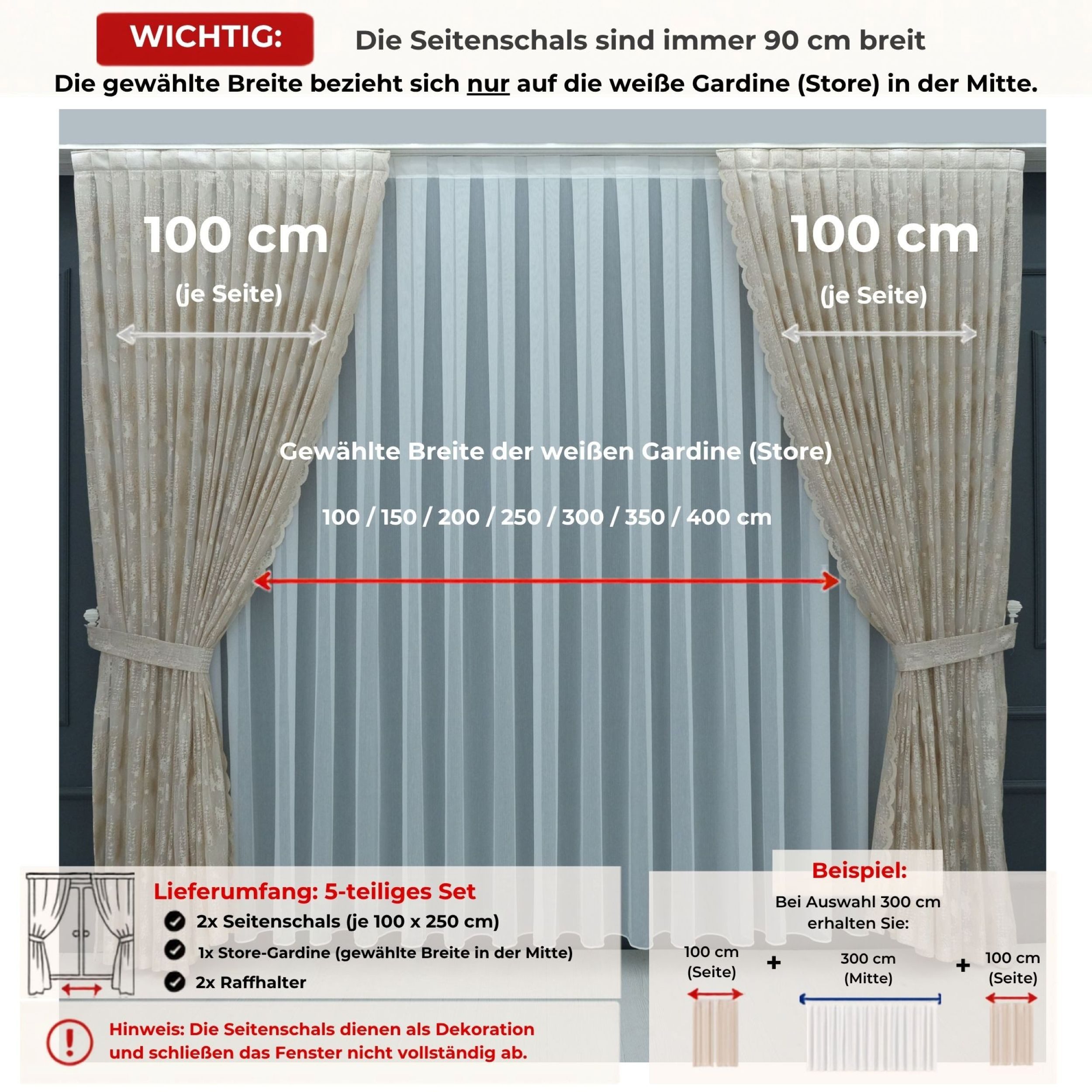 Gardinen by Justyna Vorhang Beige Gardine Komplett Set mit Weiße (5 St), Kräuselband, transparent, Polyester, Fertiggardine,Hochwertiggardine,Turkischegardine,Perde,Tüll