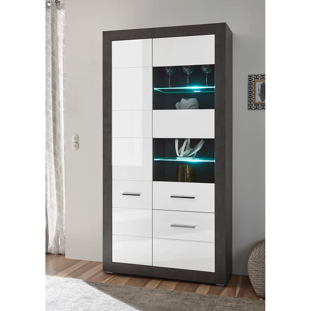 Lomadox Vitrine ETON-61 nschrank in Hochglanz weiß mit Betonoptik dunkel  mit LED 100/198/35cm