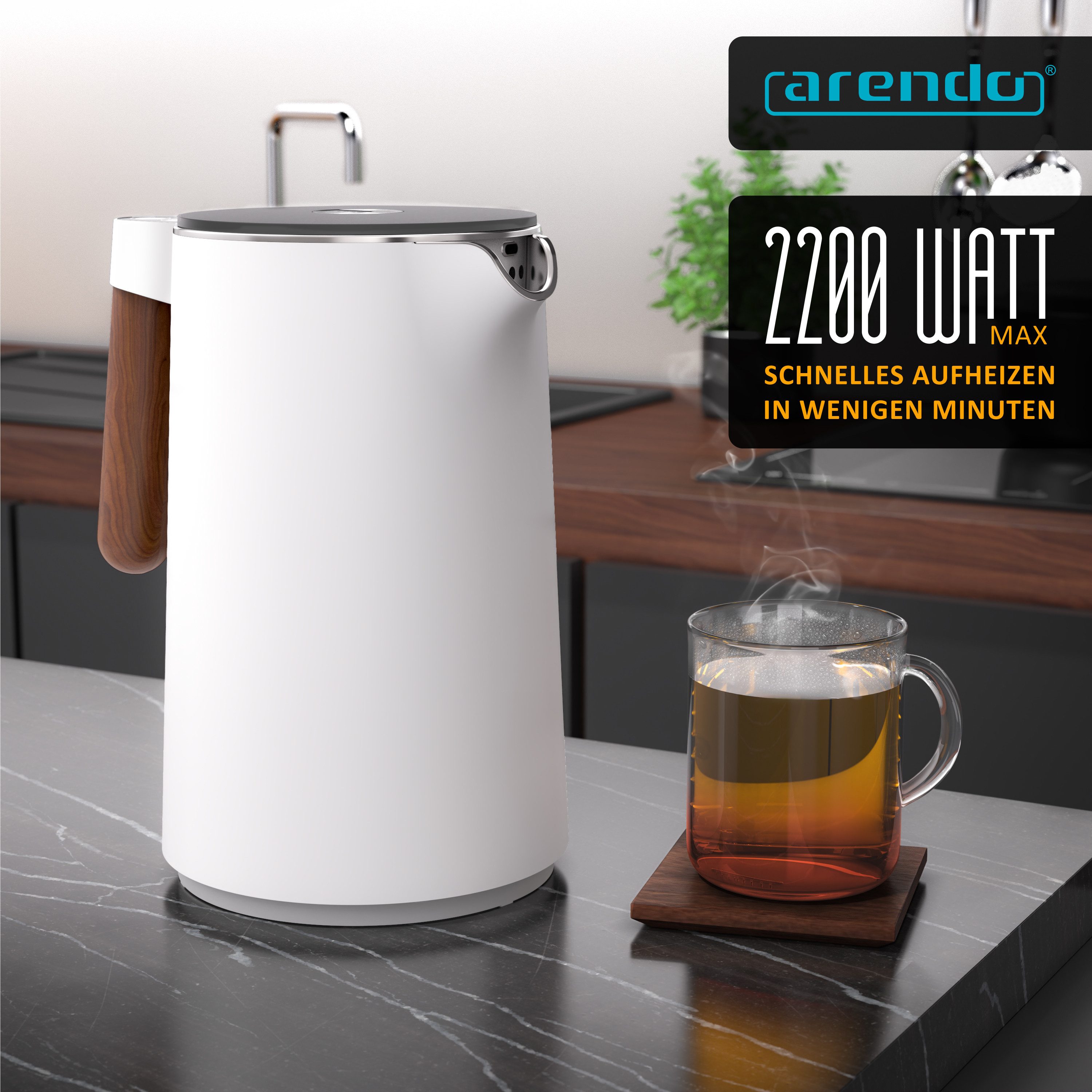 Arendo Wasserkocher Edelstahl, Doppelwand, Temperatureinstellung 40° - 100 °C mit Anzeige, 1,5 l, 2200 W, Warmhaltefunktion, 360° Basis, mit Griff in Holzoptik, BPA-frei