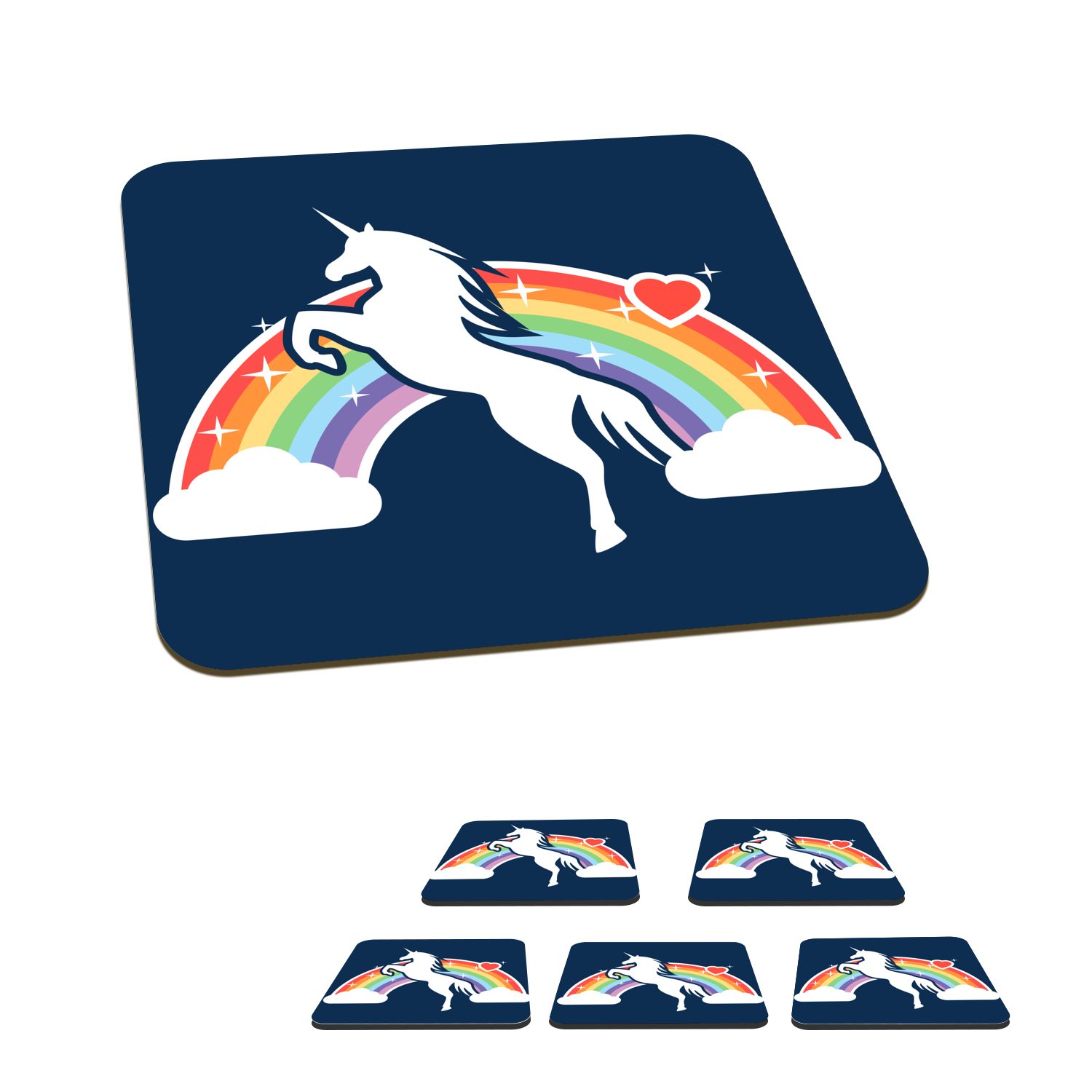 MuchoWow Glasuntersetzer Eine Illustration von einem weißen Einhorn vor einem Regenbogen auf, Zubehör für Gläser, 6-tlg., Glasuntersetzer, Tischuntersetzer, Korkuntersetzer, Untersetzer, Tasse