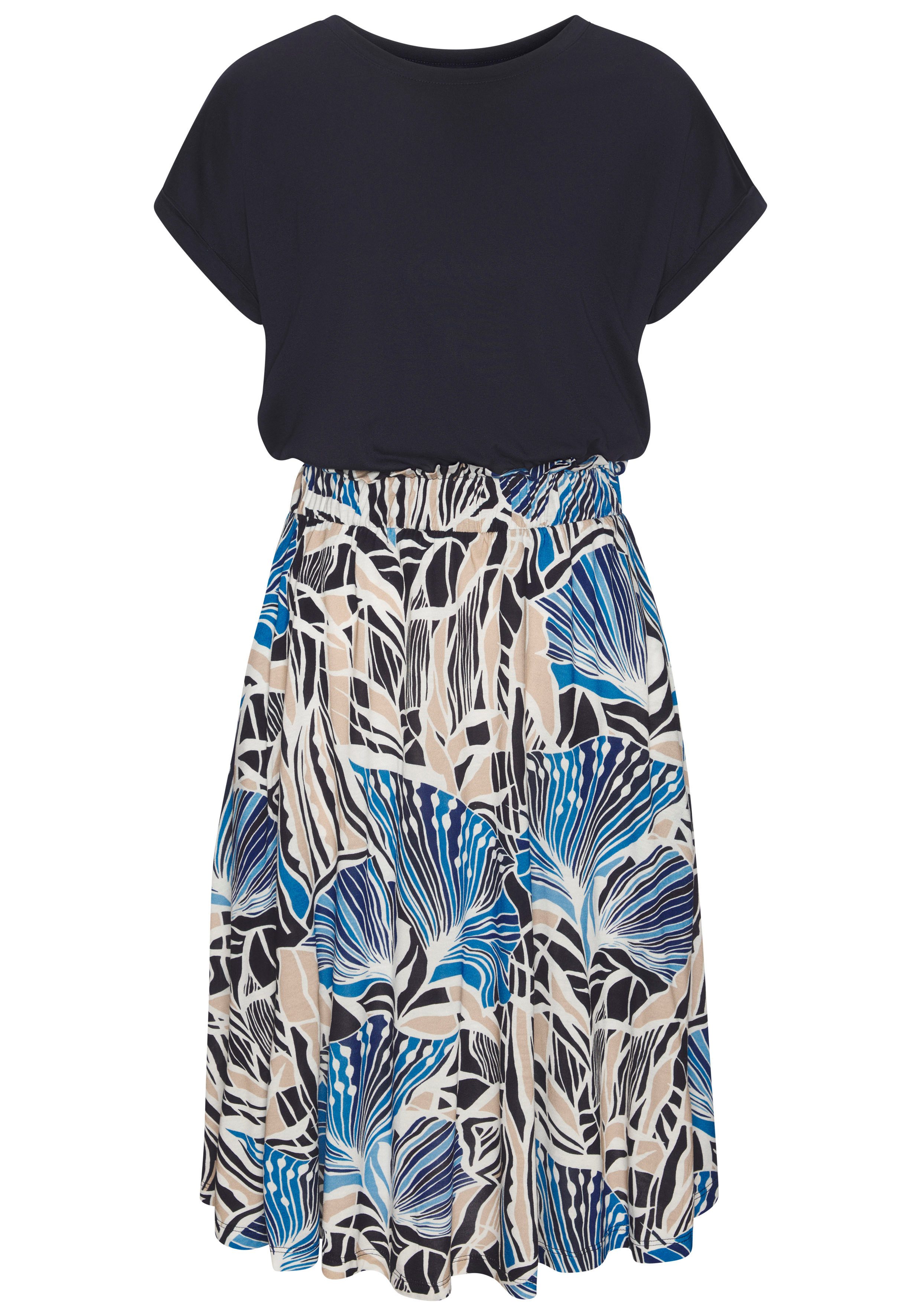 LASCANA Jerseykleid mit Paperbag-Bund und bedrucktem Rock, kurzärmliges Sommerkleid. € 49,99