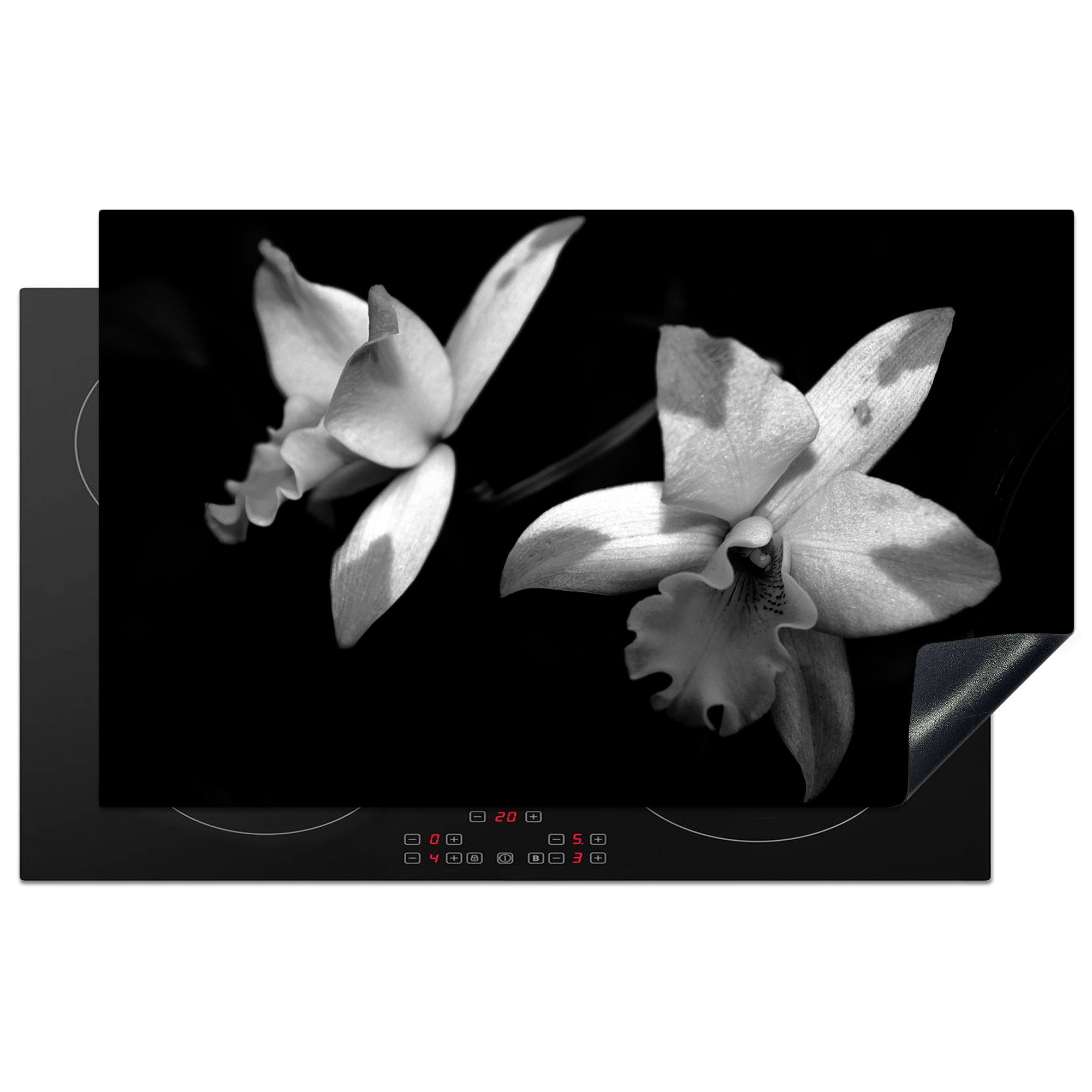 MuchoWow Herdblende-/Abdeckplatte Zwei Orchideenblüten - schwarz und weiß, Vinyl, (1 tlg), 83x51 cm, Ceranfeldabdeckung, Arbeitsplatte für küche