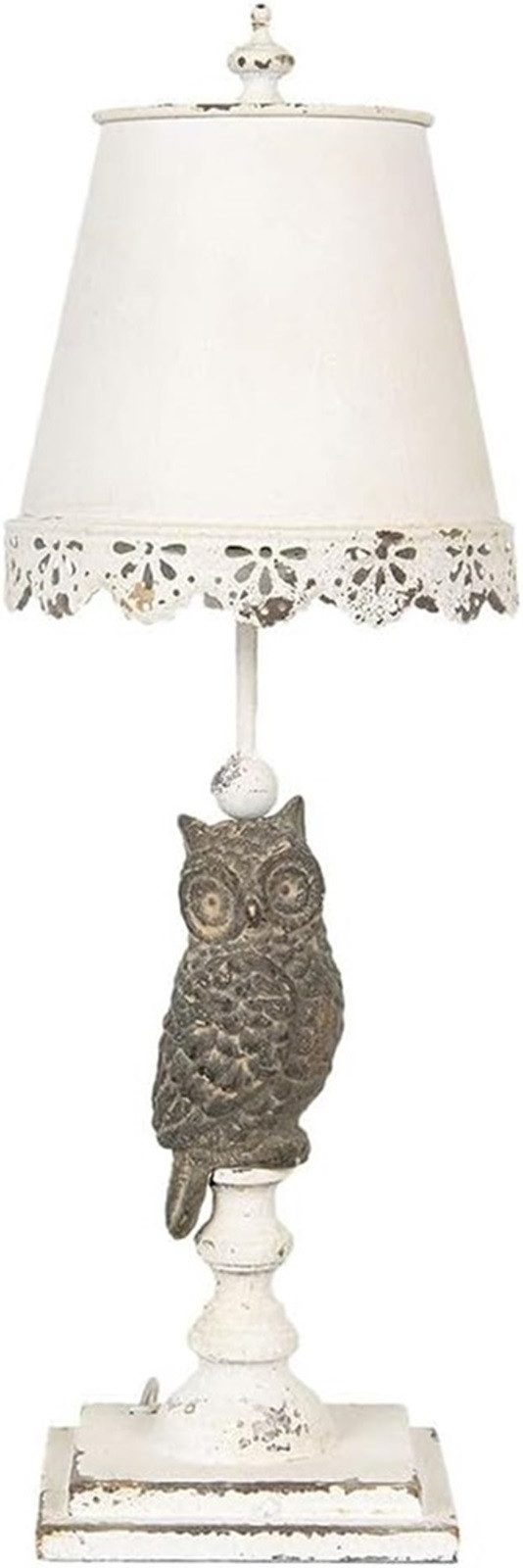 Clayre & Eef Nachttischlampe Tischlampe Lampe Eule Eisen + Holz weiß grau, ohne Leuchtmittel, Landhaus Deko shabby chic