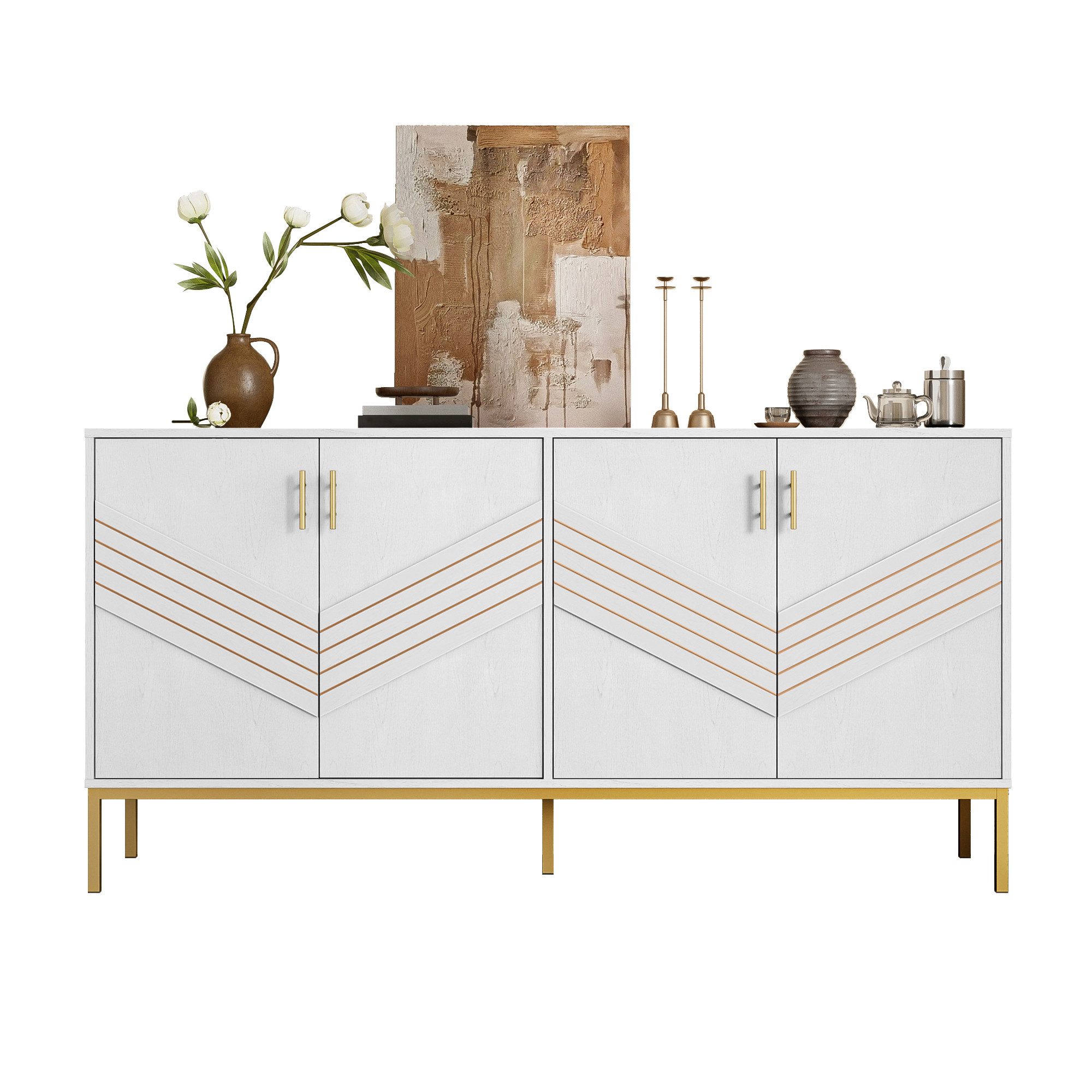 Refined Living Sideboard Aufbewahrungsschrank, Kommode mit 4 Türen, Stauraum,Anrichte Esszimmer (160×40×80,5 cm, Anrichte Esszimmer, Wohnzimmerschrank, mit Metallbeinen, höhenverstellbare Regale, Buffet Schrank, Flurschrank, Modernes Design, Platzsparend, 1 St., Viel Stauraum, Hochwertige Materialien, Vielseitig Einsetzbar), für Flur, Wohnzimmer, Eingangsbereich, Wohnung, Schlaf-/Esszimmer,Büro