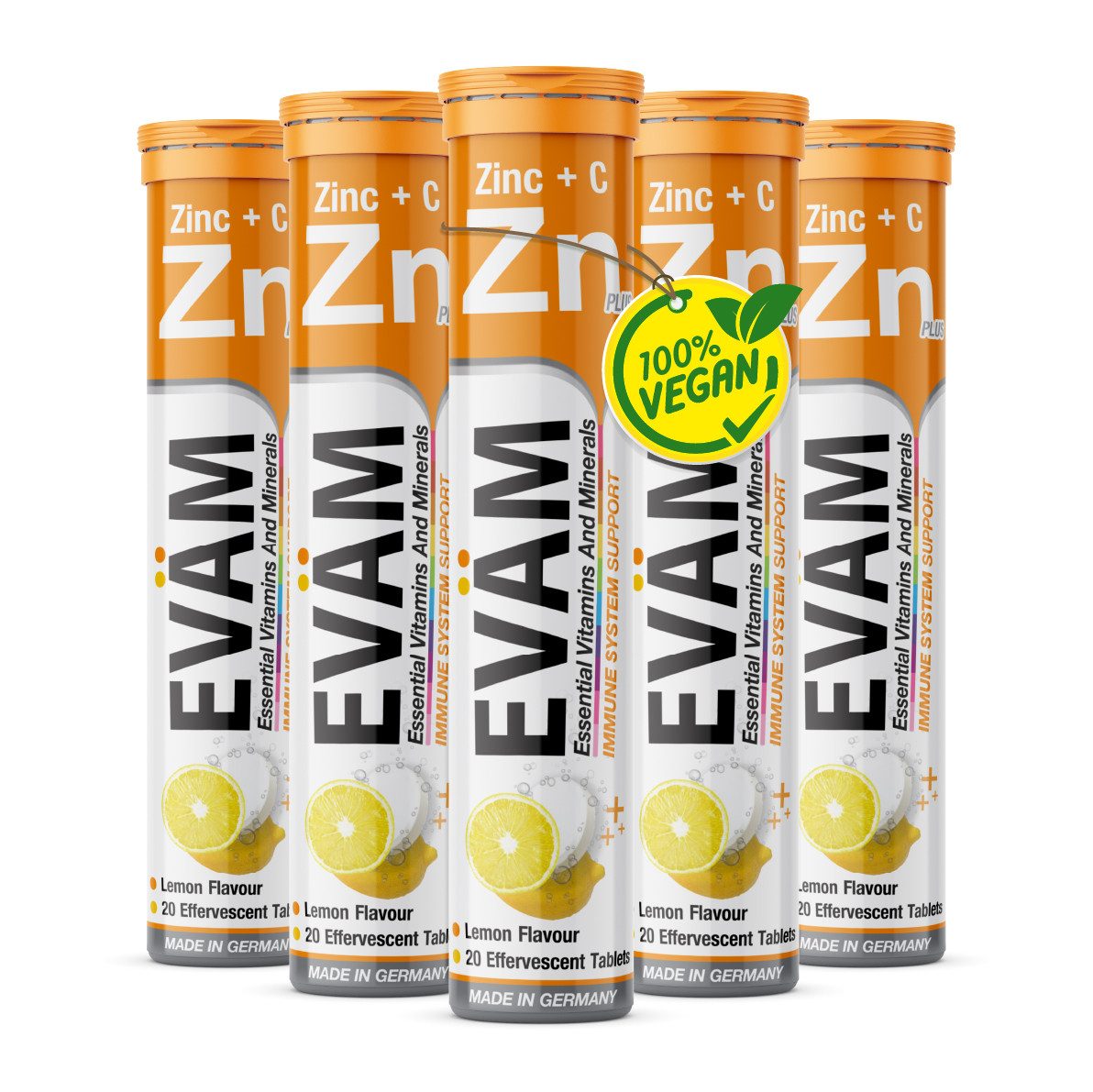 EVÄM Zink + Vitamin C Brausetabletten Zitronig Vegan Brausetabletten, 5 er Röhrchen à 20 St., 410 g, made in Germany