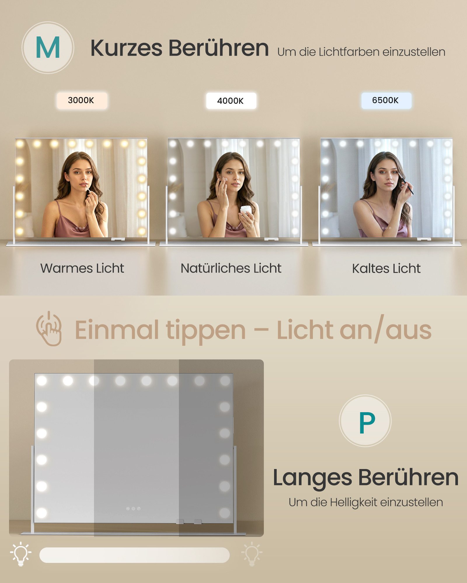 SONGMICS Schminkspiegel mit Beleuchtung, Kosmetikspiegel Touch-Steuerung, dimmbar, Handyhalter, mit 18 LED-Glühbirnen, mit USB-A und USB-C, 80 x 60 cm – Bild 4 von 5