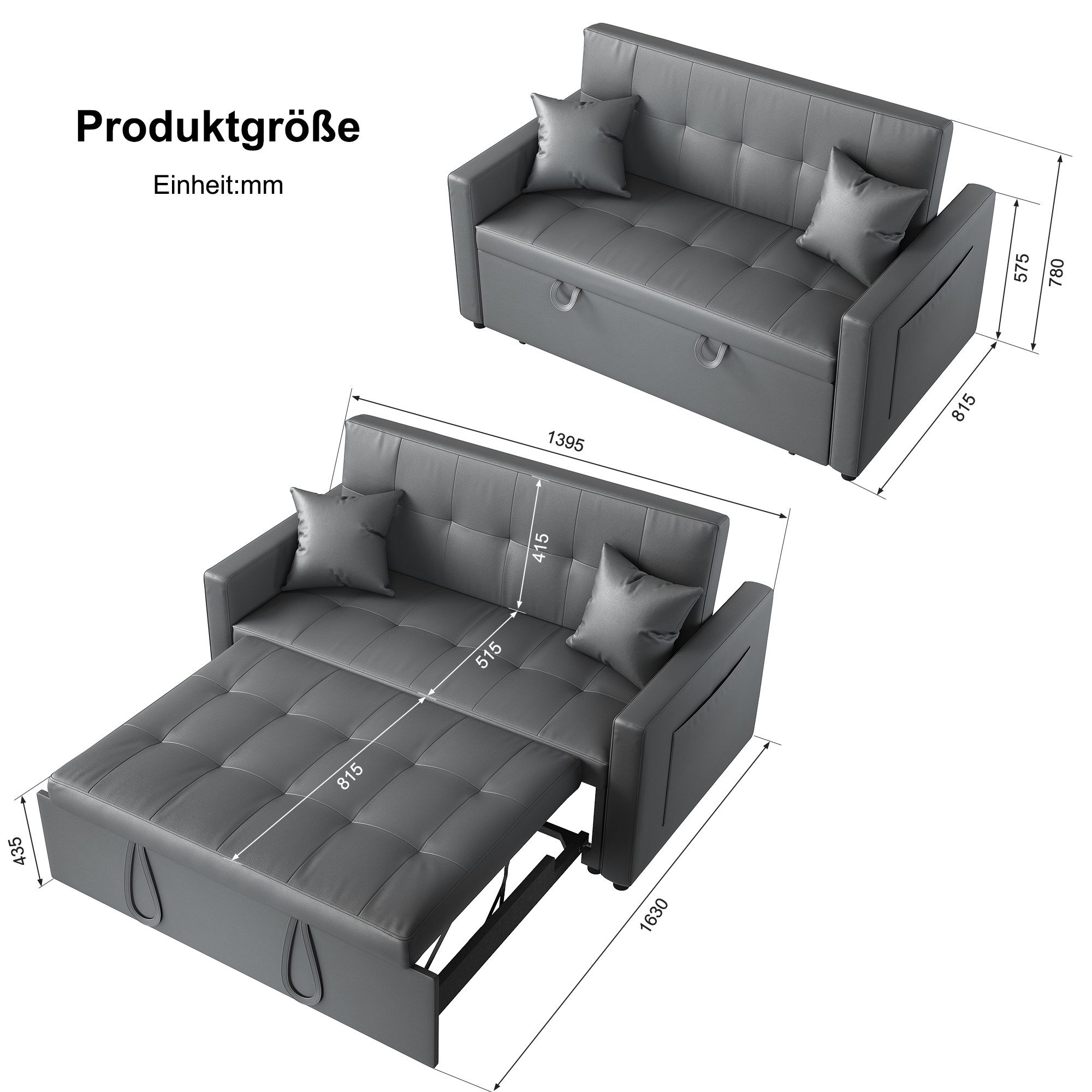 SONNI Schlafsofa Klappbares Sofabett 2-in-1 mit Katzenleder Sofa Bettcouch, mit Schlaffunktion, 3 Verstellbare Winkel, Couch mit 2 Kissen – Bild 3 von 5