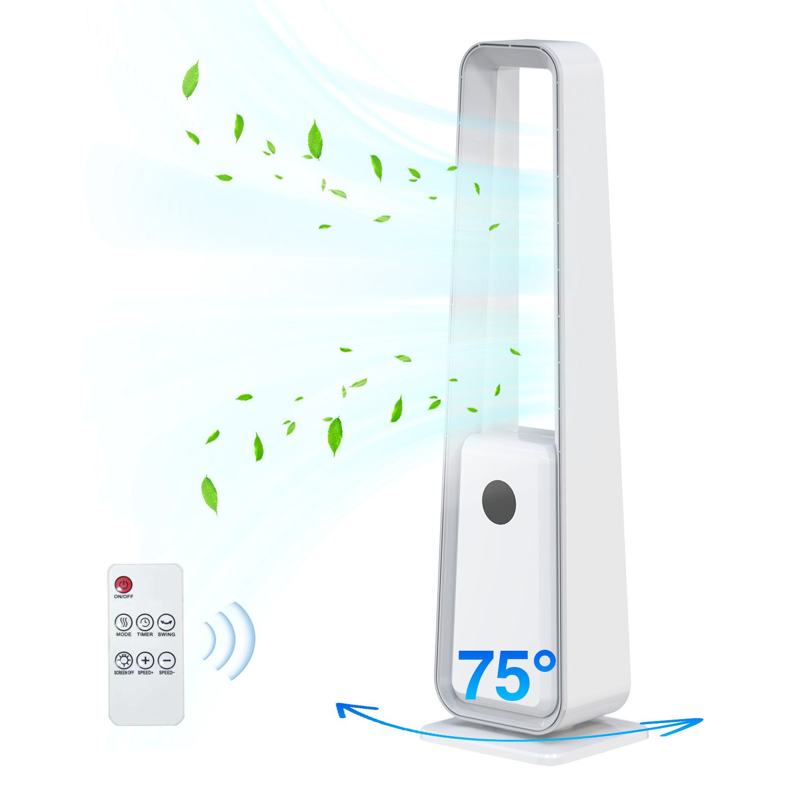 BBWL Standventilator Bladeless Standventilator mit 3 Windstärken& 12h Timer, 75° Schwenkbereich, leise & kindersicher, 90,5 cm Höhe