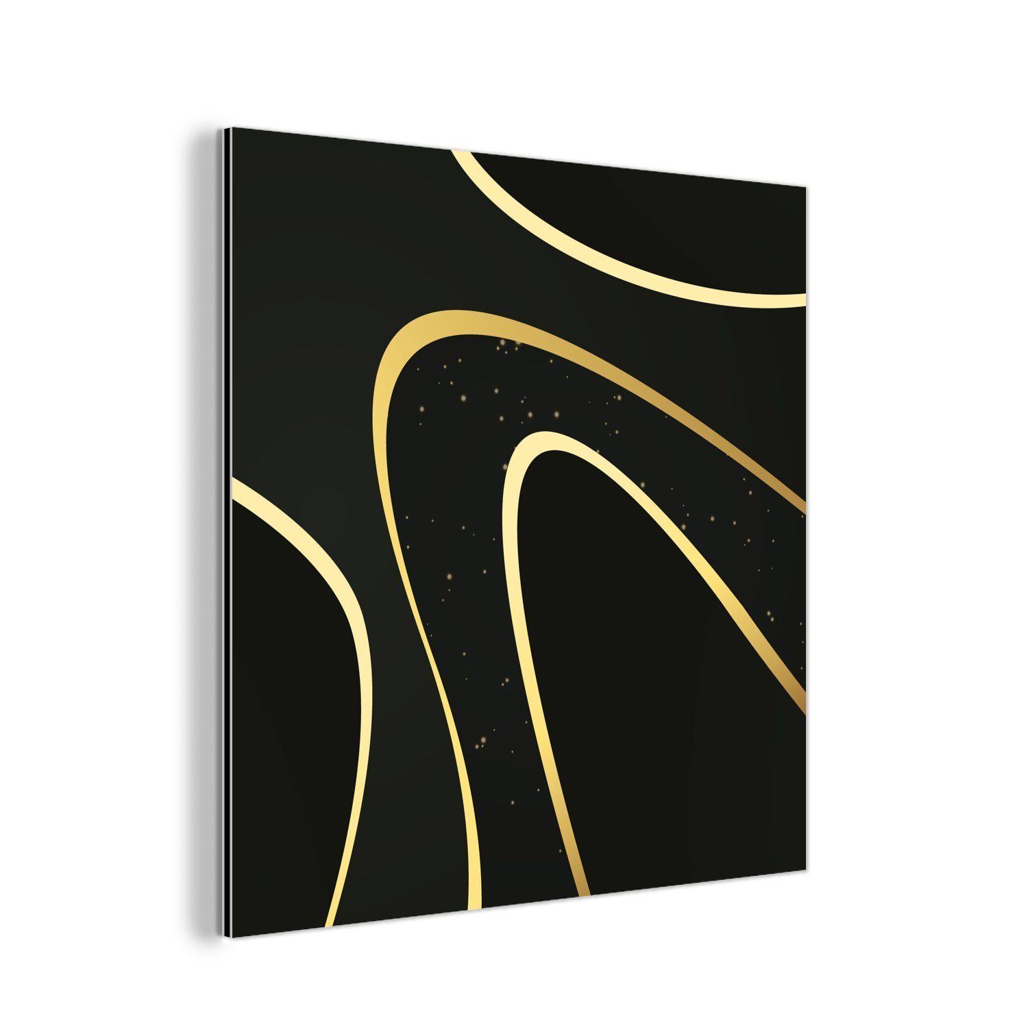 MuchoWow Metallbild Goldene Wellen auf schwarzem Hintergrund, (1 St), Alu-Dibond-Druck, Gemälde aus Metall, Aluminium deko