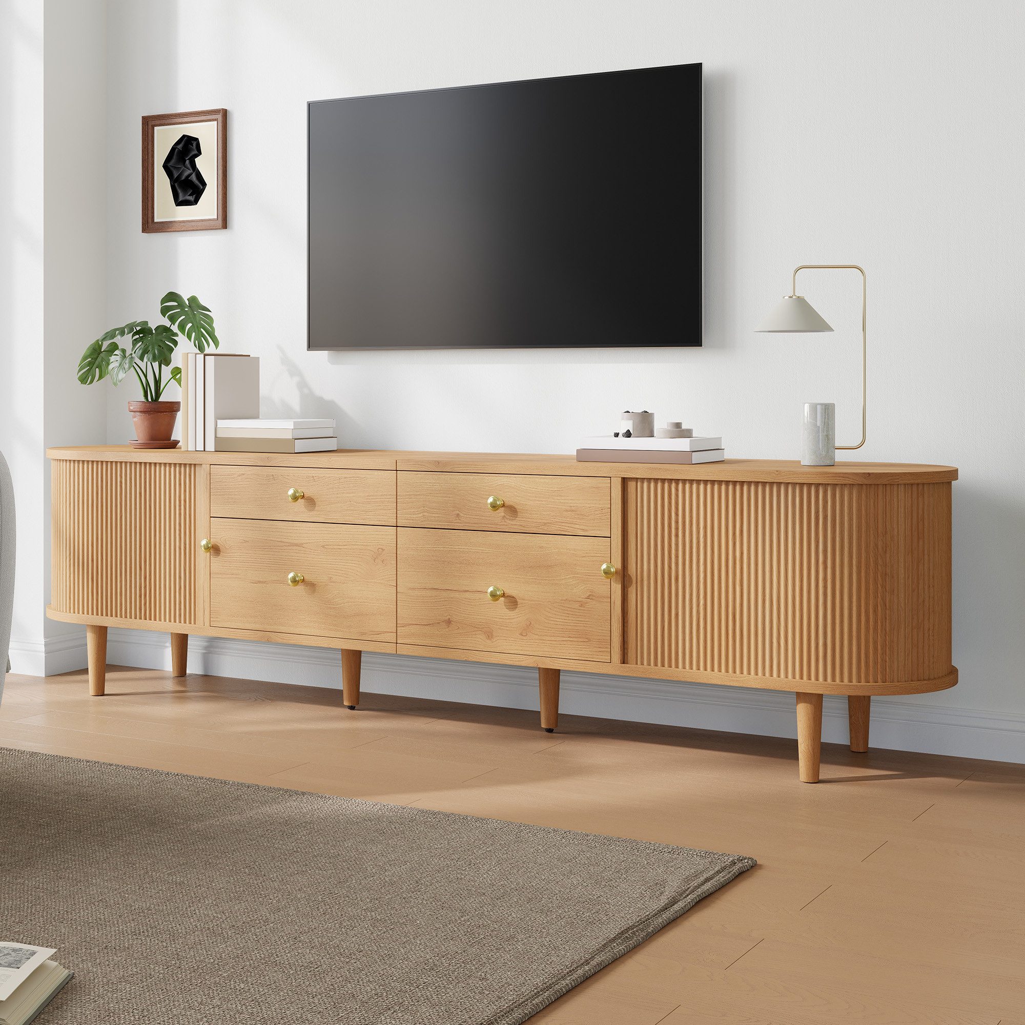 Merax Lowboard mit 2 Schiebetüren, 4 Schubladen, Holzfüßen & Metallgriffen (1 St), TV-Schrank mit abgerundeten Enden, Fernsehbank, 180x35x50cm