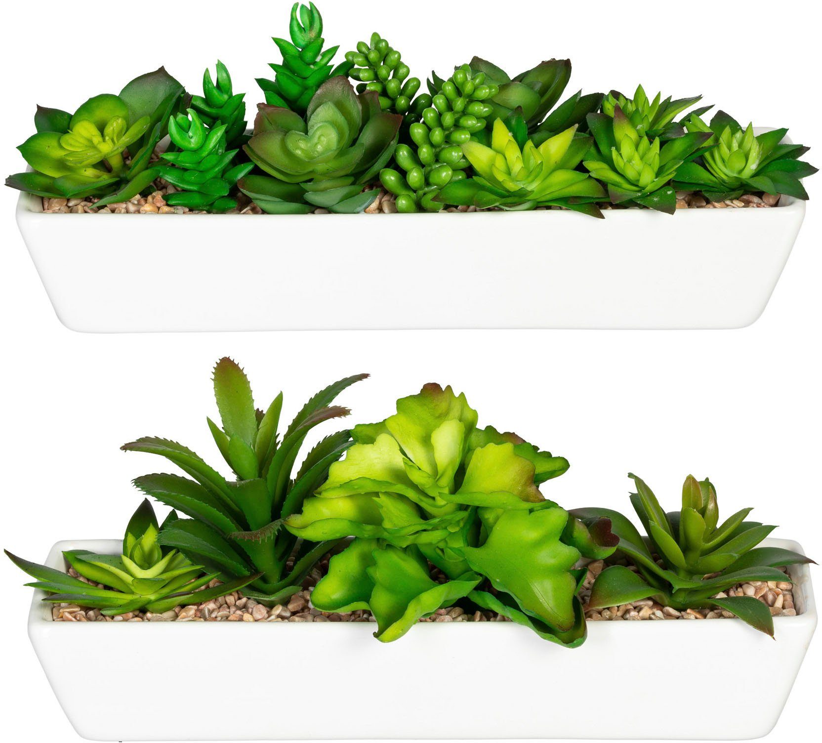 Künstliche Zimmerpflanze Sukkulentenarrangement Creativ im Höhe Keramikkasten, 2er cm, 9 Set Sukkulente, green