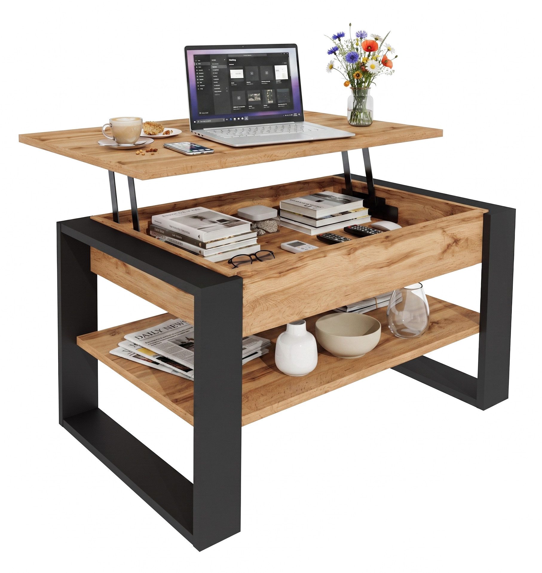 TREND WERK Couchtisch Lift-Couchtisch höhenverstellbar Sofatisch 92×55 cm mit Stauraum (verstecktem Fach Wohnzimmertisch Holz modern)