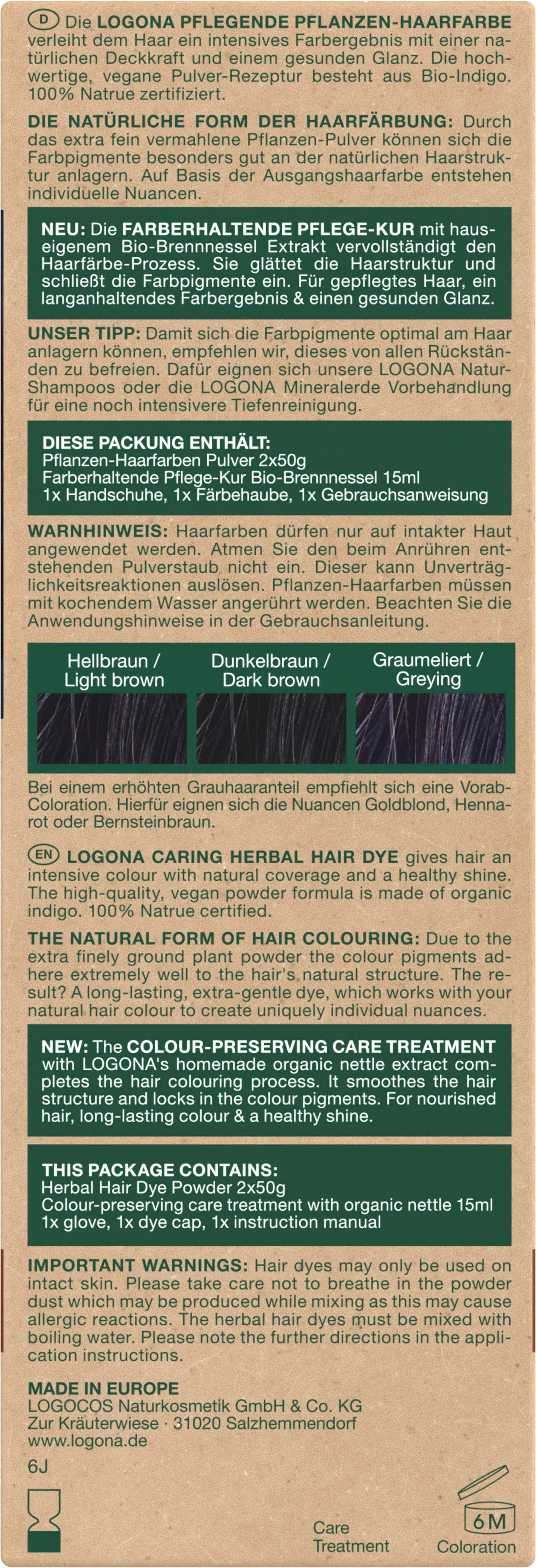 12 Indigoschwarz Pflanzen-Haarfarbe Haarfarbe Pulver LOGONA