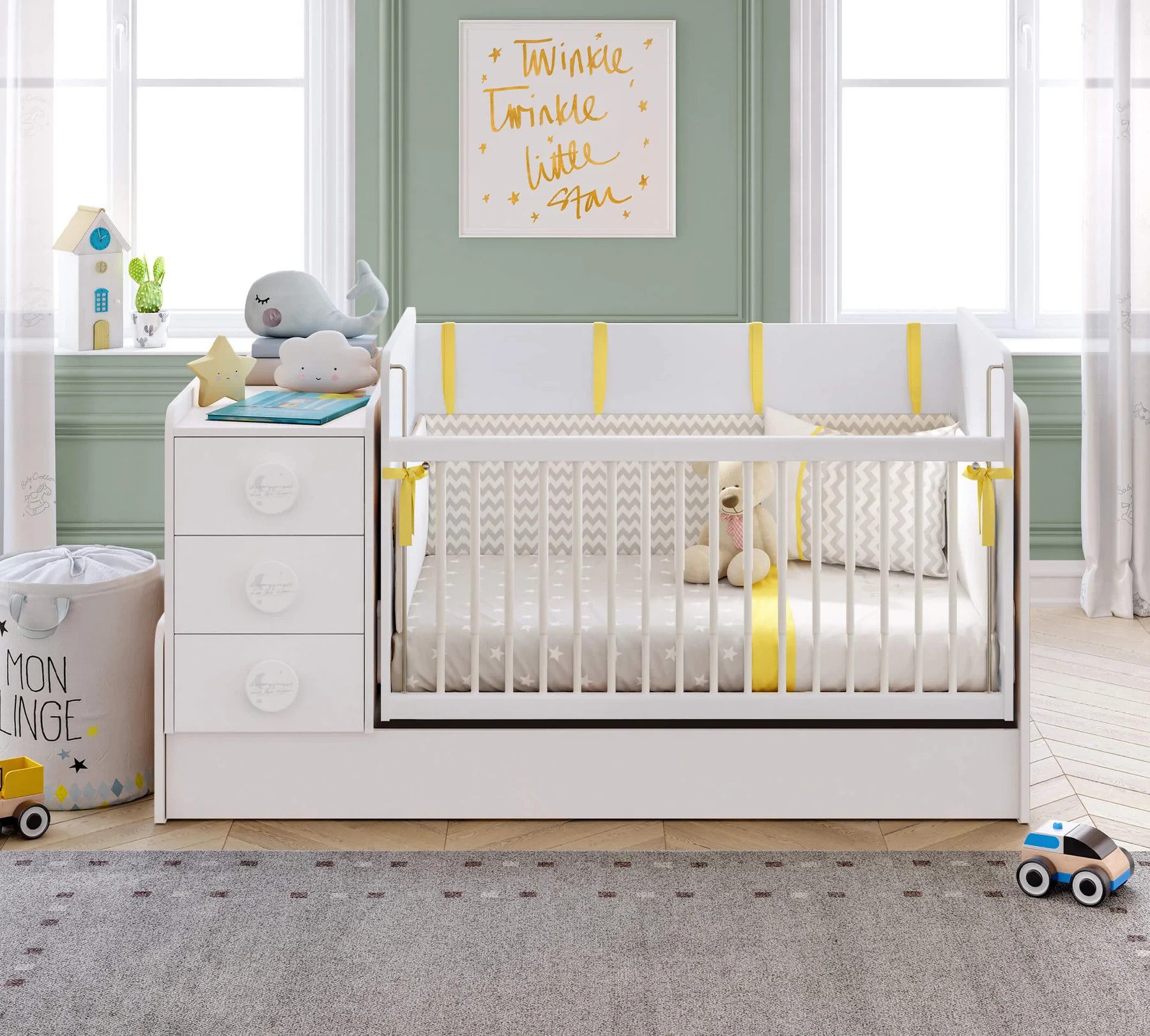 Babybett mit Schaukelfunktion, umbaubar zum Kinderbett + Tisch + Kommode