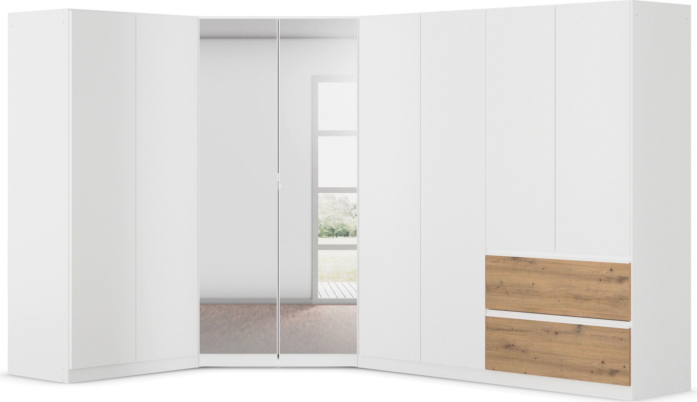 grifflose Spiegeltüren, Front, Schrank-Set Schubkästen Artisan Alpinweiß/Eiche Costa, Push-to-Open Funktion und rauch