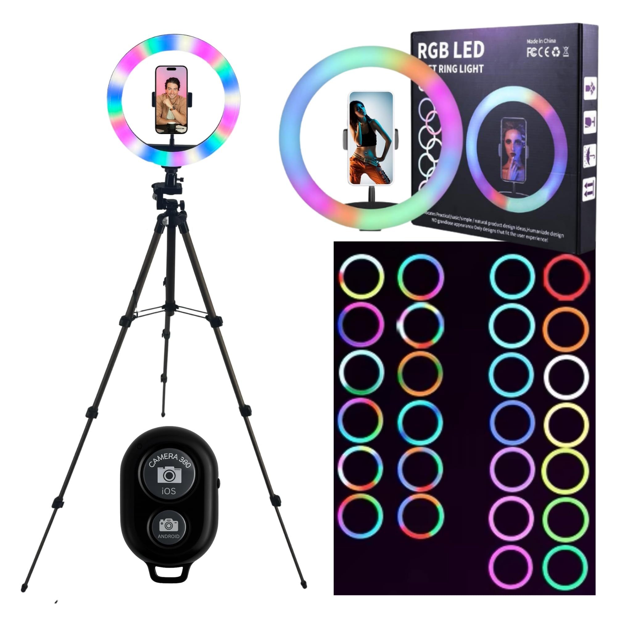 TronicXL Ringlicht Ringlicht mit Premium Stativ Selbstauslöser für iPhone Handy Halterung, RGB LED Bluetooth Smartphone Kamerastativ Tripod Ringleuchte