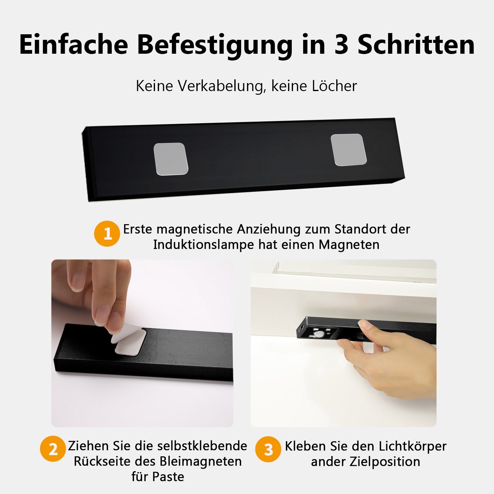 Sunicol LED Bewegungssensor, 3 Warmweiß, Magnetisch, Schwarz kabellos, Unterbauleuchte 4500K für wiederaufladbar, mit Kaltweiß, Dimmbar, Kleiderschrank LED Lichtfarben, Schlafzimmer 6500K Küche 3000K Naturweiß