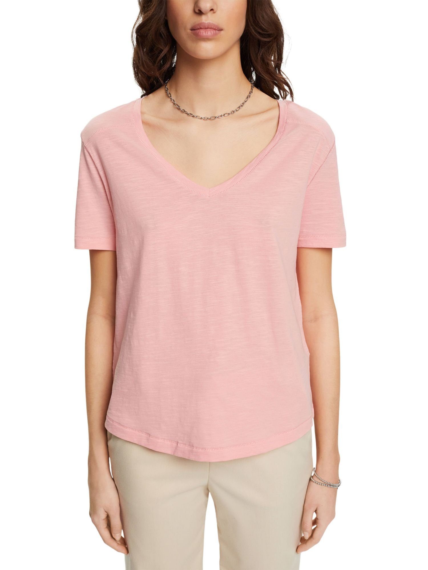 (1-tlg) Baumwoll-T-Shirt T-Shirt und Esprit Ziernähten PINK mit V-Ausschnitt