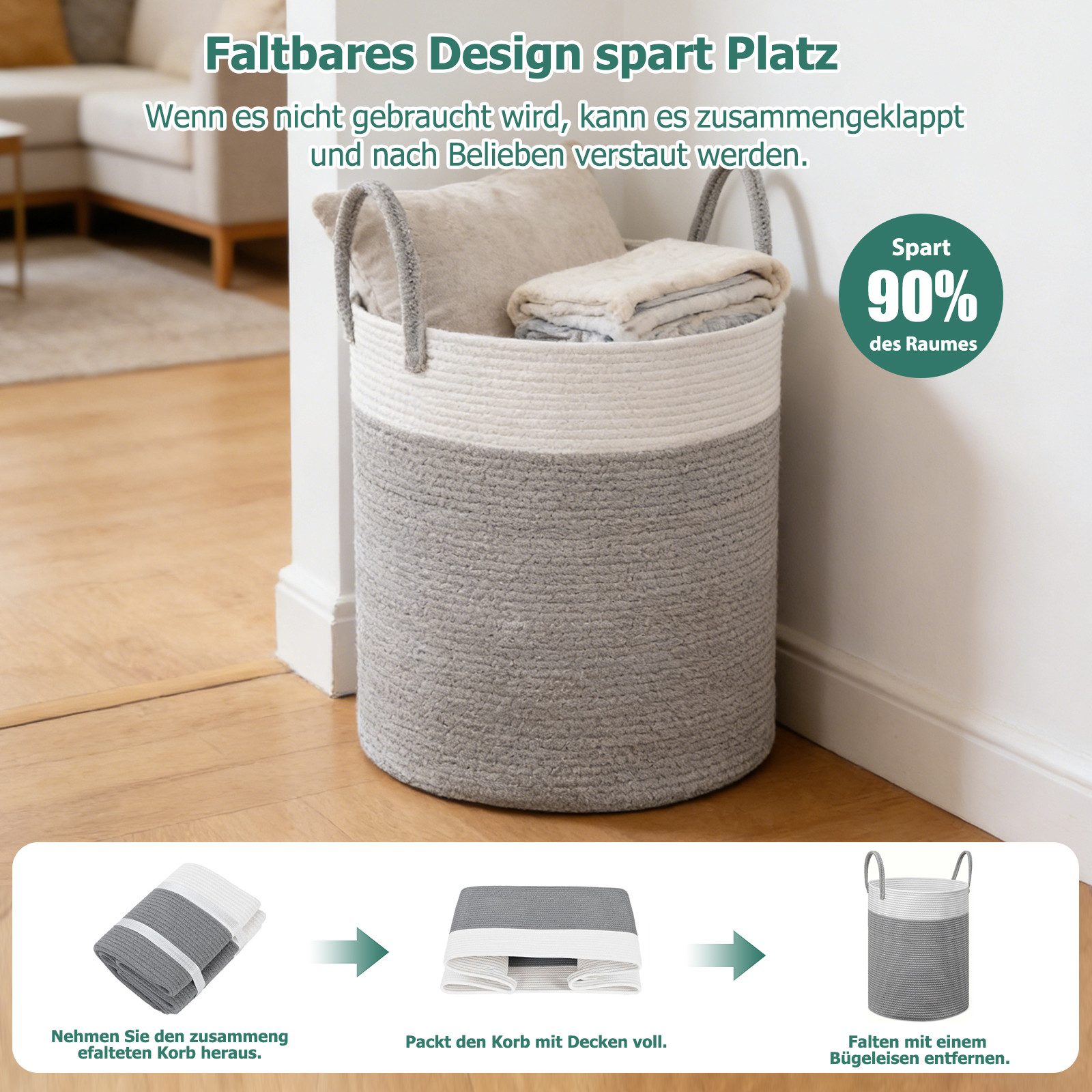 BlingBin Wäschekorb Geflochten Wäschesammler Aufbewahrungsbox Aufbewahrungskorb mit Henkel (1 Stück, 1 St., 38 X 50 cm,58 L), Wäschesammler Groß für Wäschekammer Kinderzimmer Wohnzimmer Bad