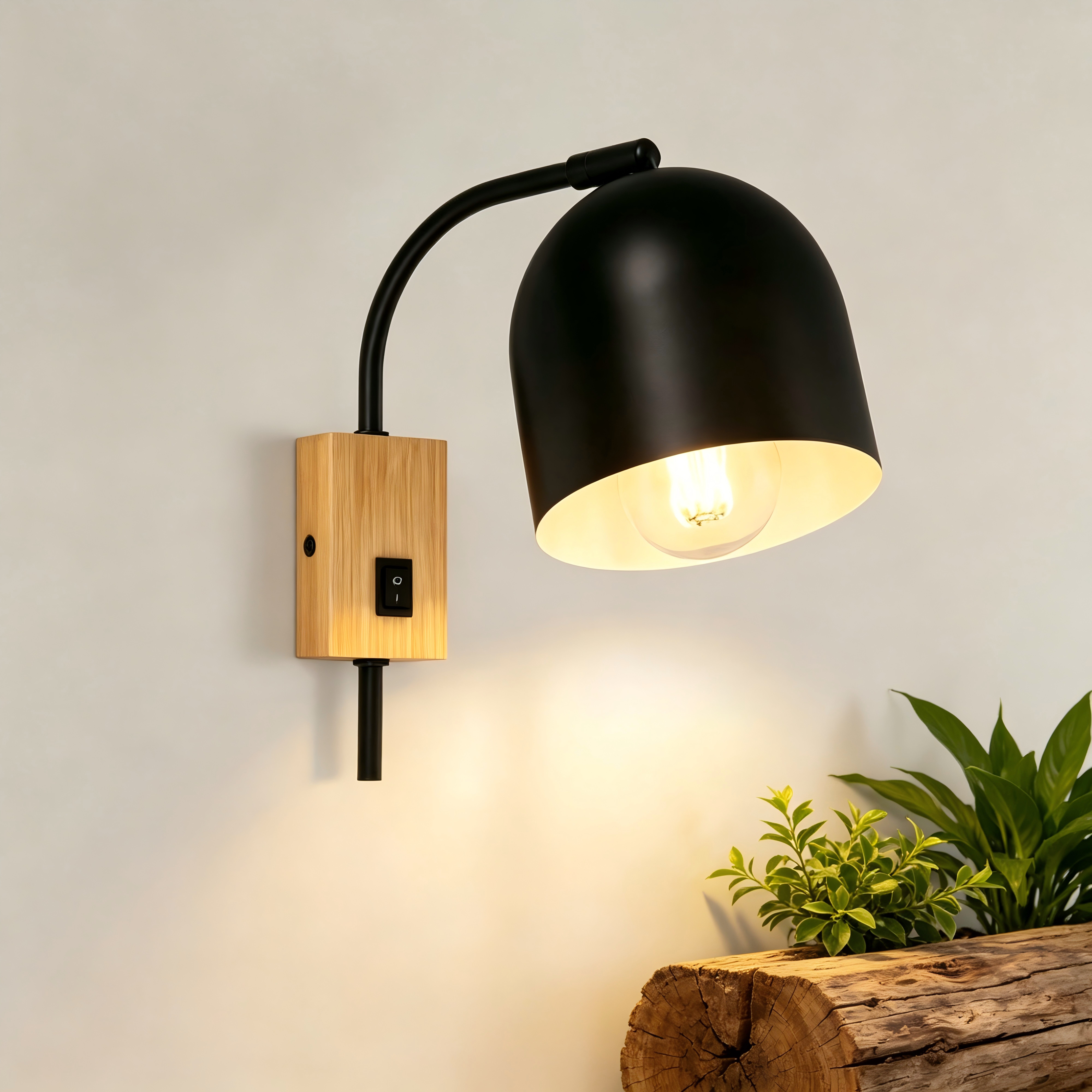 ZMH Wandleuchte Holz Vintage E27 Wandlampe 330° drehbar mit Schalter Flur Schlafzimmer, ohne Leuchtmittel, Wandkettenschalter, 1-flammig, IP20, 110–240 V, Wandmontage