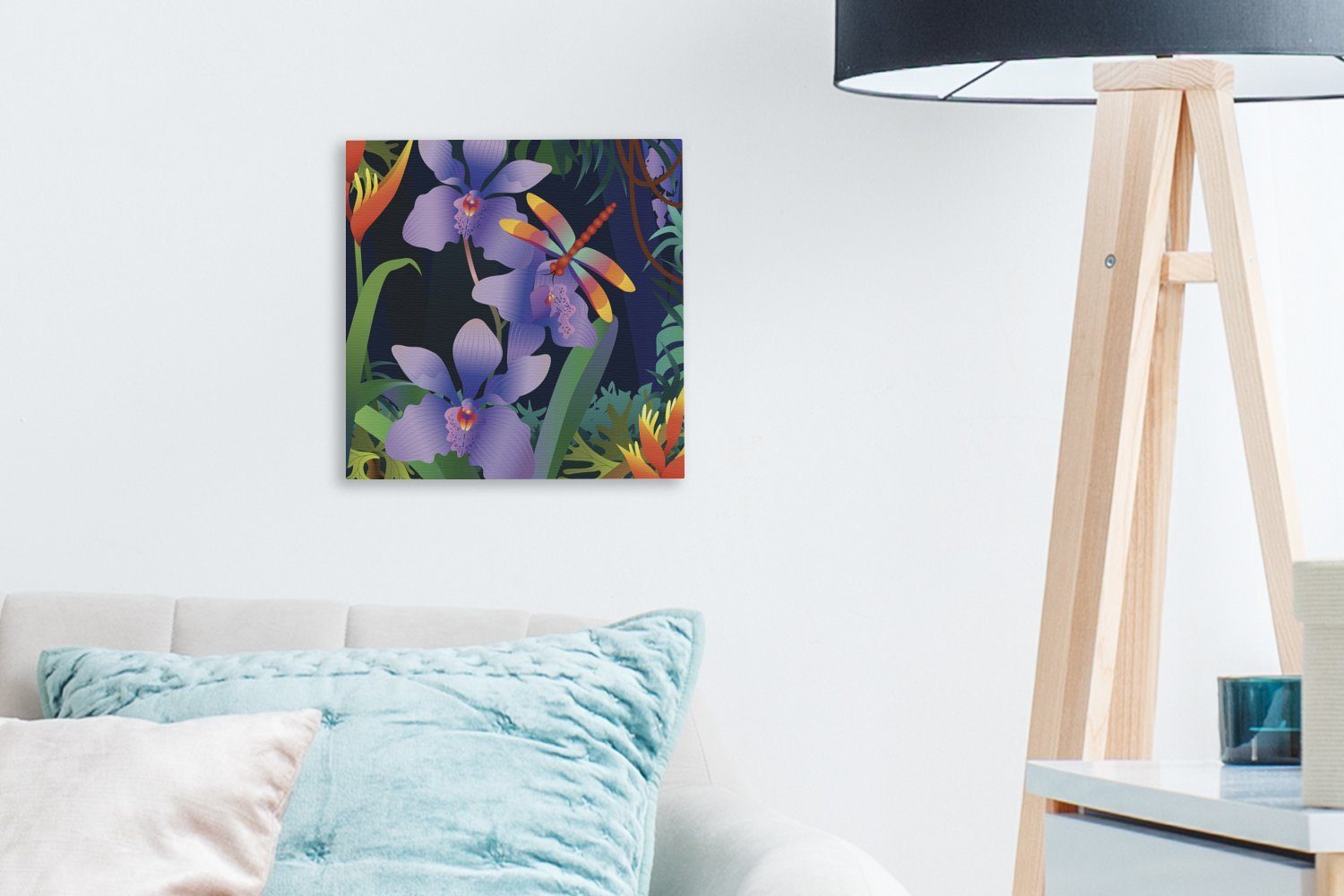 OneMillionCanvasses® Leinwandbild Eine Vektor-Illustration des Orchidee, (1 St), mit Wohnzimmer Regenwaldes lila für Schlafzimmer einer Leinwand Bilder