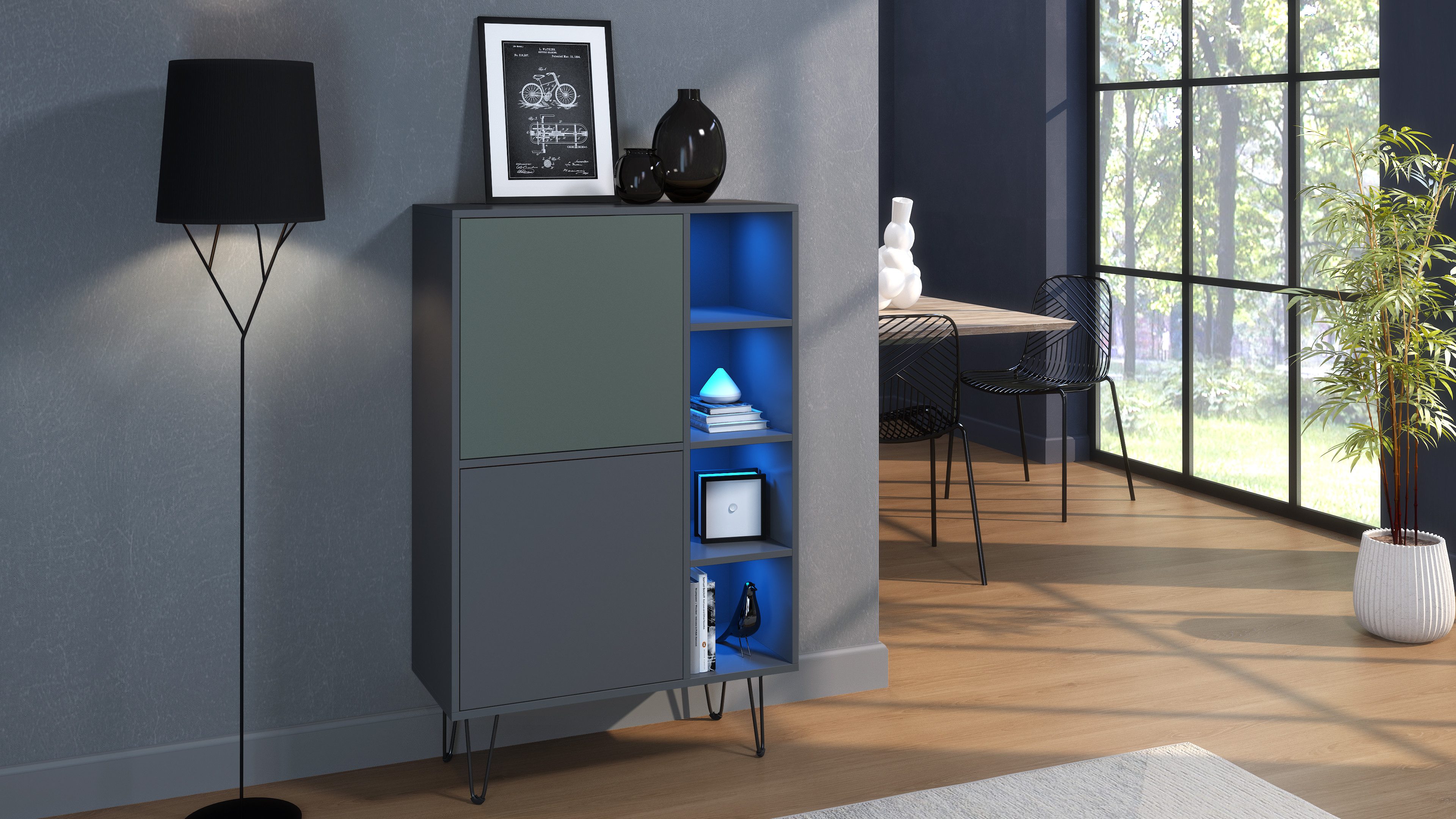 Vladon Sideboard Havana V1 (Sideboard mit 2 Türen und 4 offene Fächer, Kommode mit LED, Made in Germany), Anthrazit matt / Anthrazit matt (124 x 79 x 35 cm)
